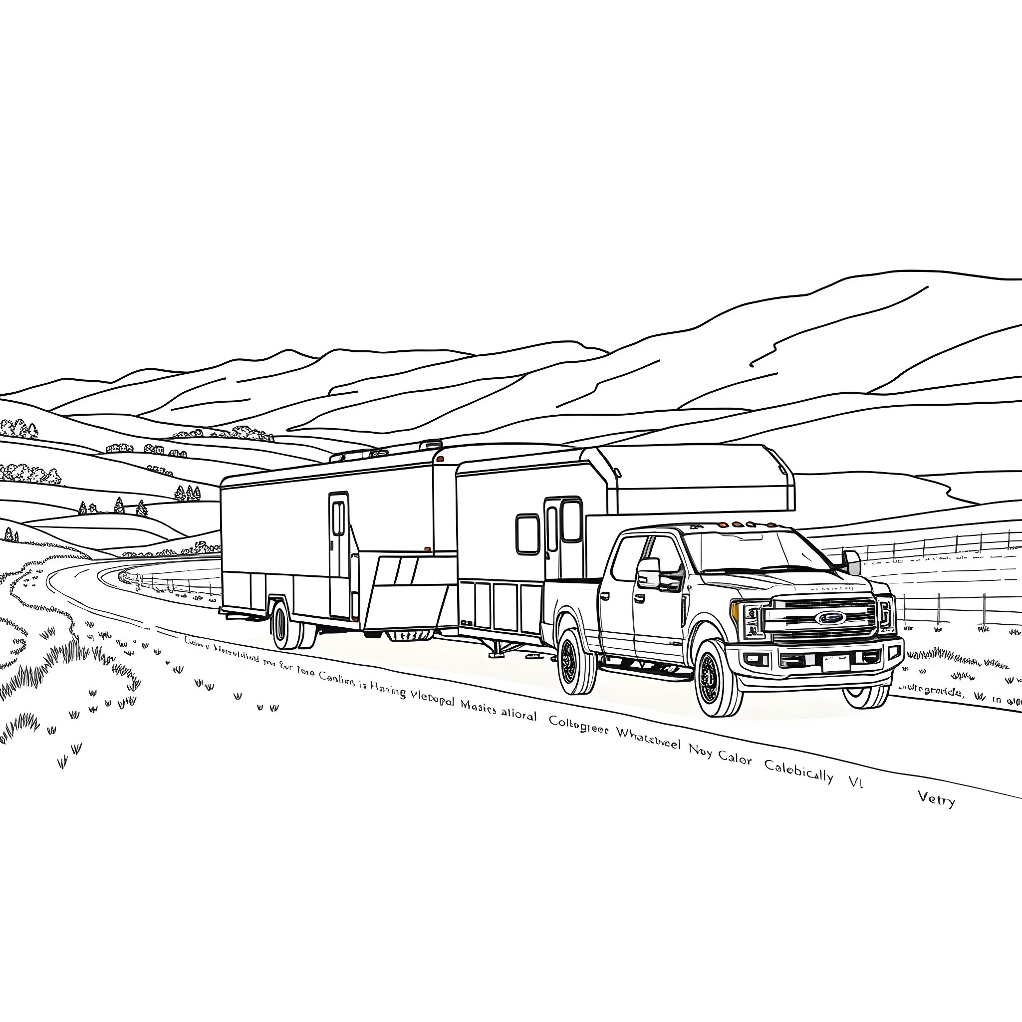 Gooseneck Trailer Hauling Supplies on Scenic Mountain Route Coloring Page (free black-and-white line drawing printable PDF for all, from beginners to advanced learners, including children, teens, adults, and seniors)
