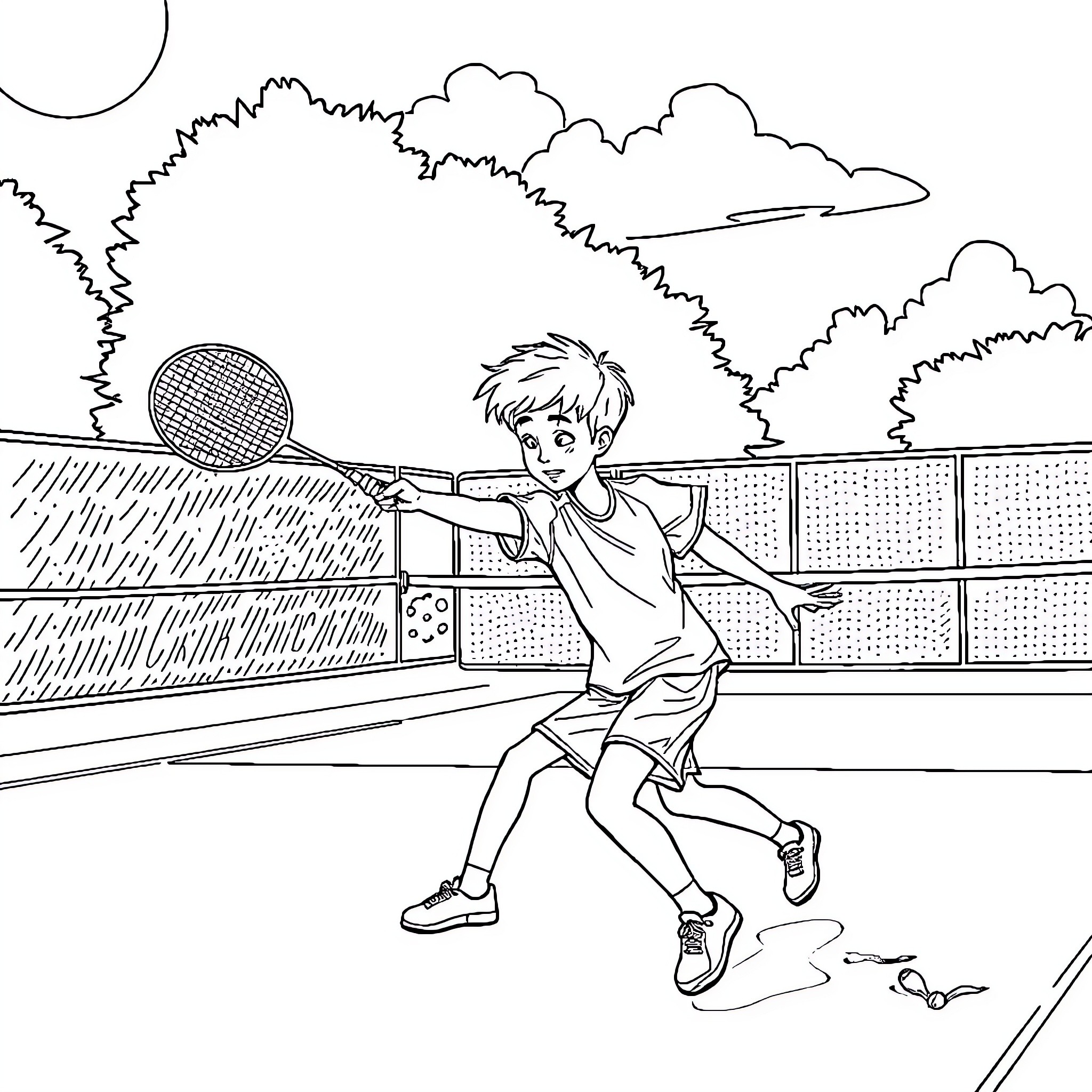 Boy playing tennis on the court Coloring Page (free black-and-white line drawing printable PDF for all, from beginners to advanced learners, including children, teens, adults, and seniors)