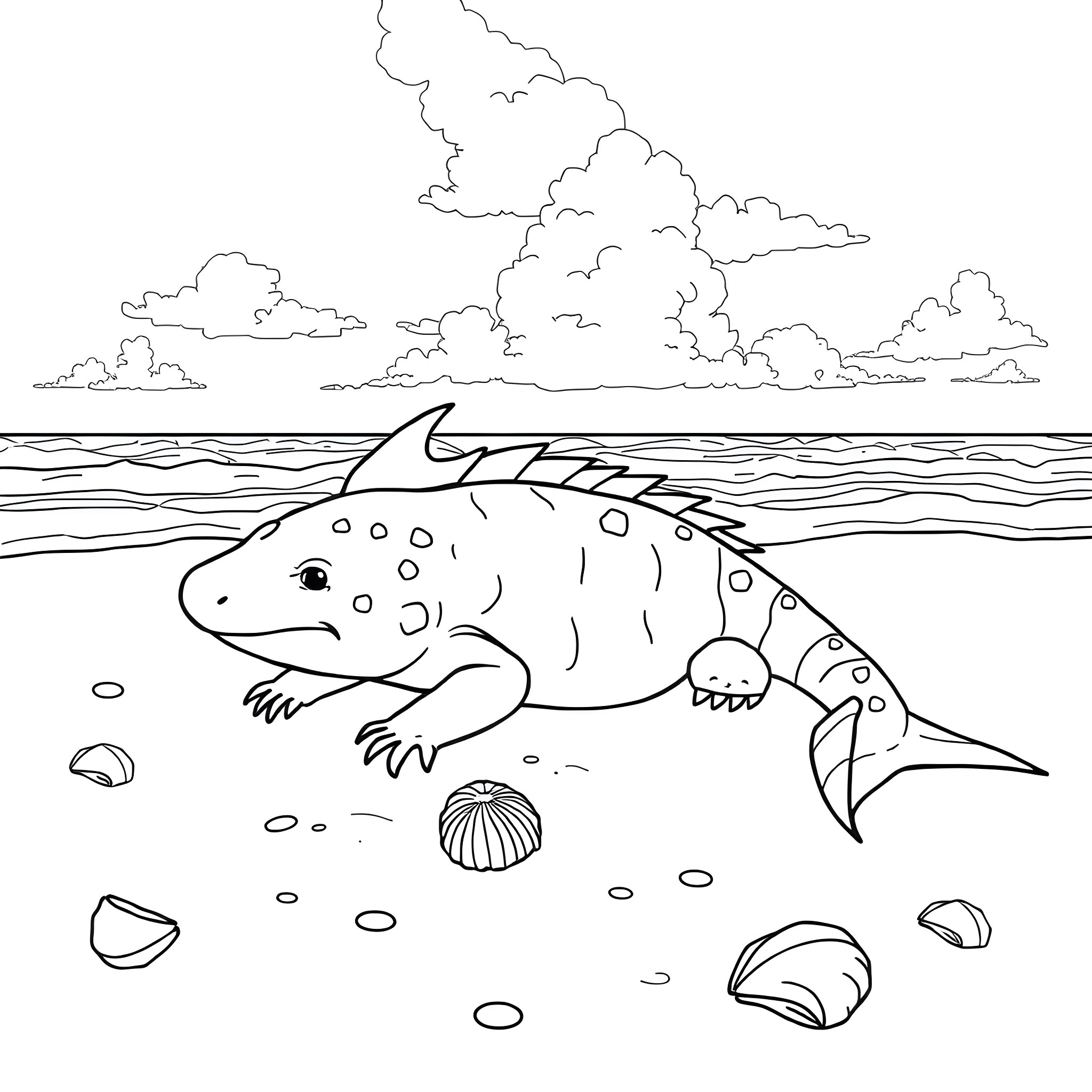 Axolotl swimming in the ocean with sea shells Coloring Page (free black-and-white line drawing printable PDF for all, from beginners to advanced learners, including children, teens, adults, and seniors)