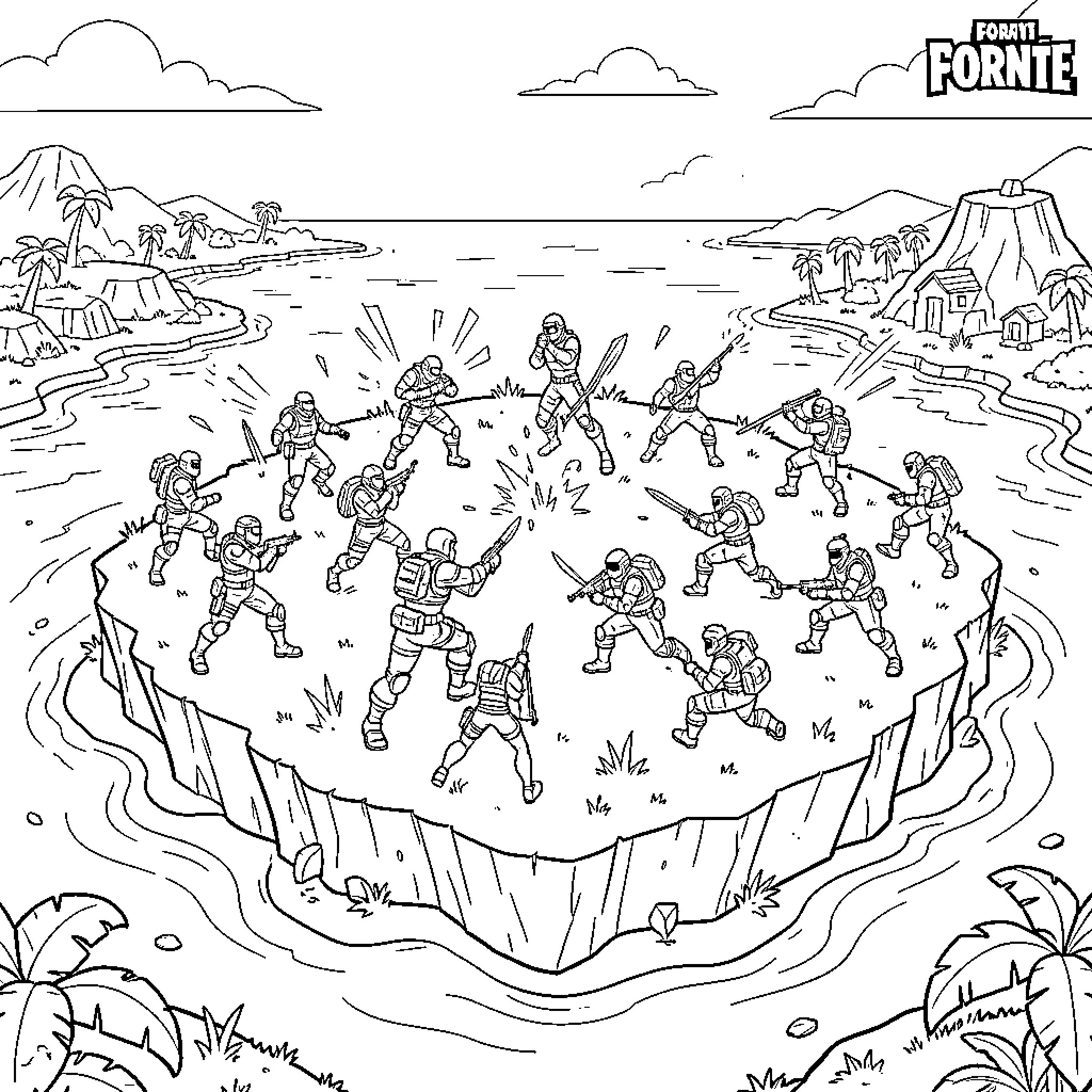 Battle Fortnite characters fighting on a small island Coloring Page (free black-and-white line drawing printable PDF for all, from beginners to advanced learners, including children, teens, adults, and seniors)