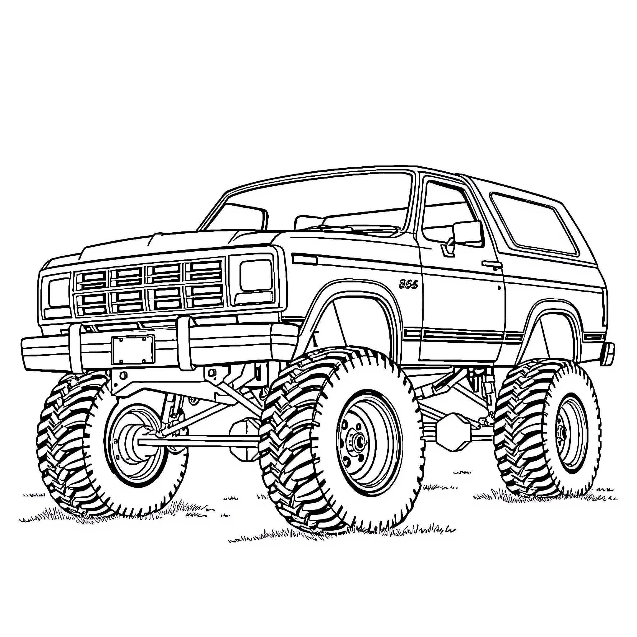 Bronco Monster Truck Crushing the Terrain Coloring Page (free black-and-white line drawing printable PDF for all, from beginners to advanced learners, including children, teens, adults, and seniors)