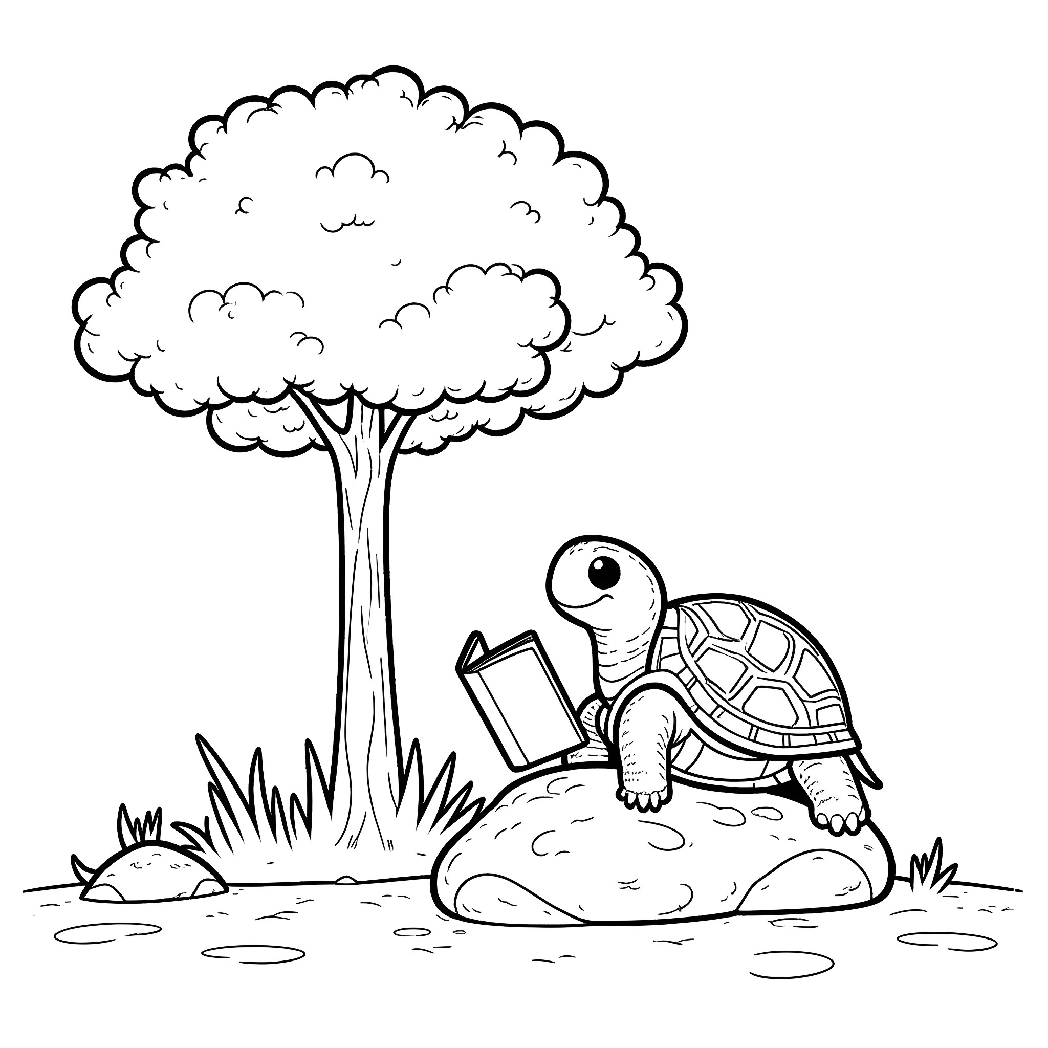 Turtle reading a book under a tree Coloring Page (free black-and-white line drawing printable PDF for all, from beginners to advanced learners, including children, teens, adults, and seniors)