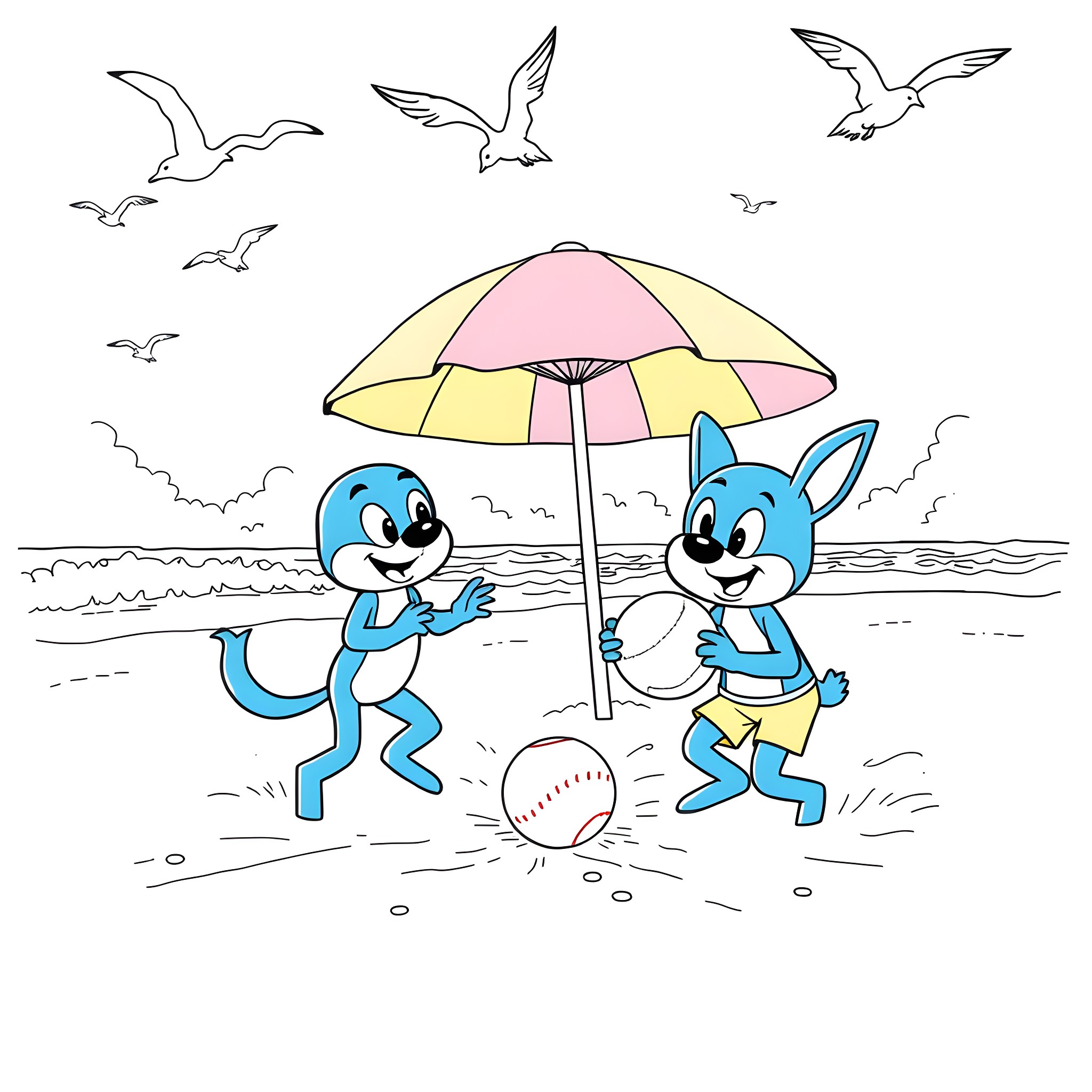 Bluey characters playing by the beach Coloring Page (free black-and-white line drawing printable PDF for all, from beginners to advanced learners, including children, teens, adults, and seniors)