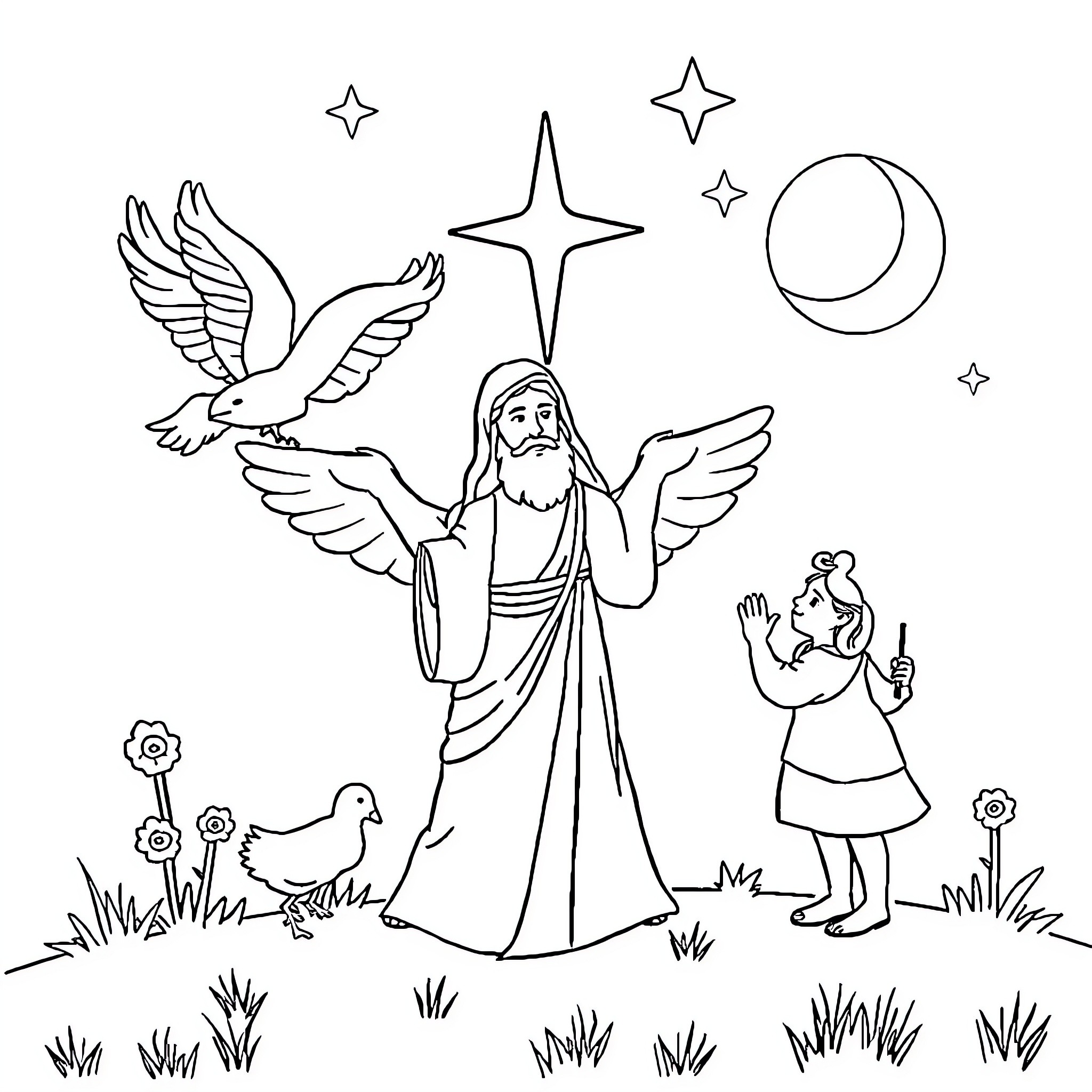 Miracles of Jesus: Heavenly Visions and Divine Encounters Coloring Page (free black-and-white line drawing printable PDF for all, from beginners to advanced learners, including children, teens, adults, and seniors)