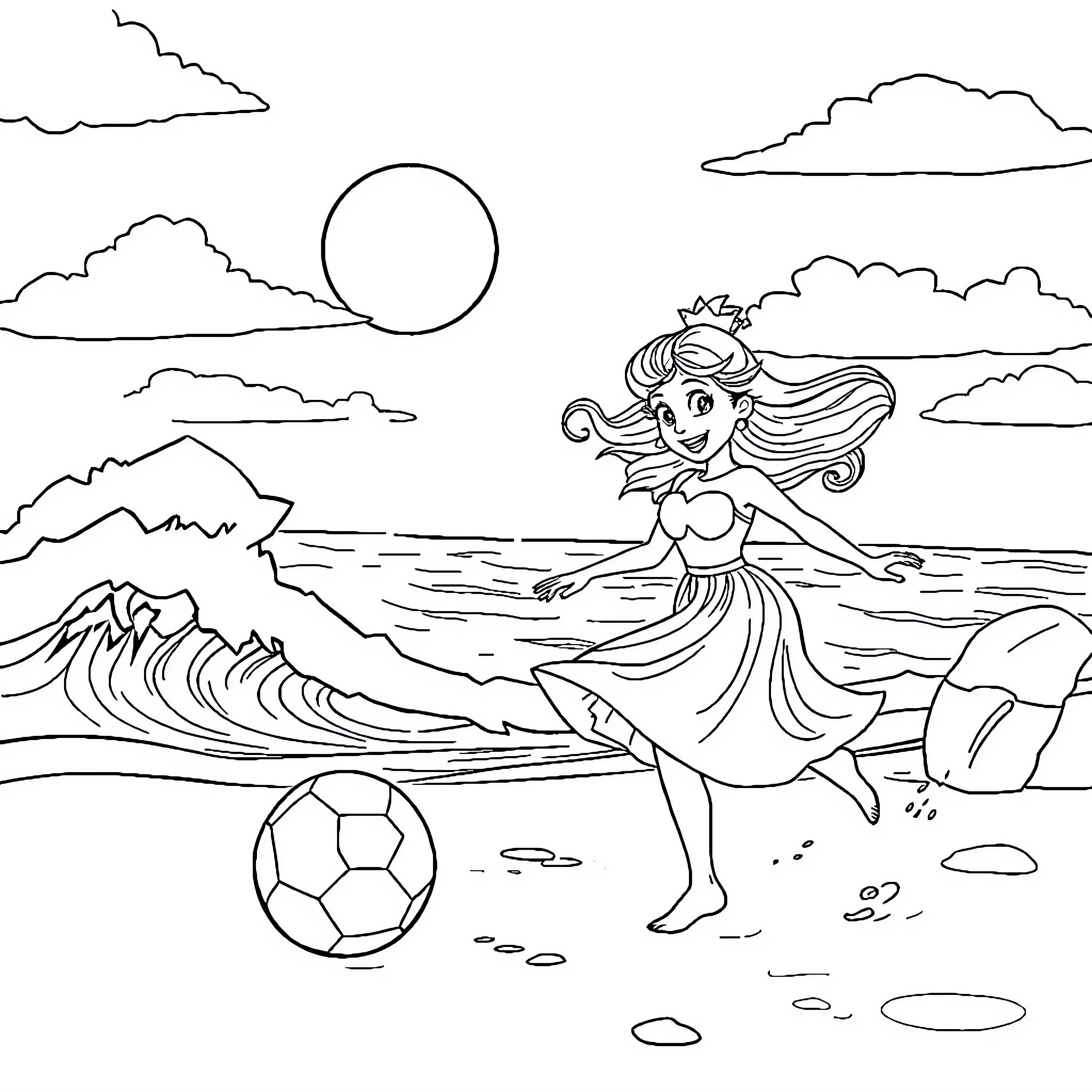 Princess Playing with Soccer Ball on the Beach Coloring Page (free black-and-white line drawing printable PDF for all, from beginners to advanced learners, including children, teens, adults, and seniors)
