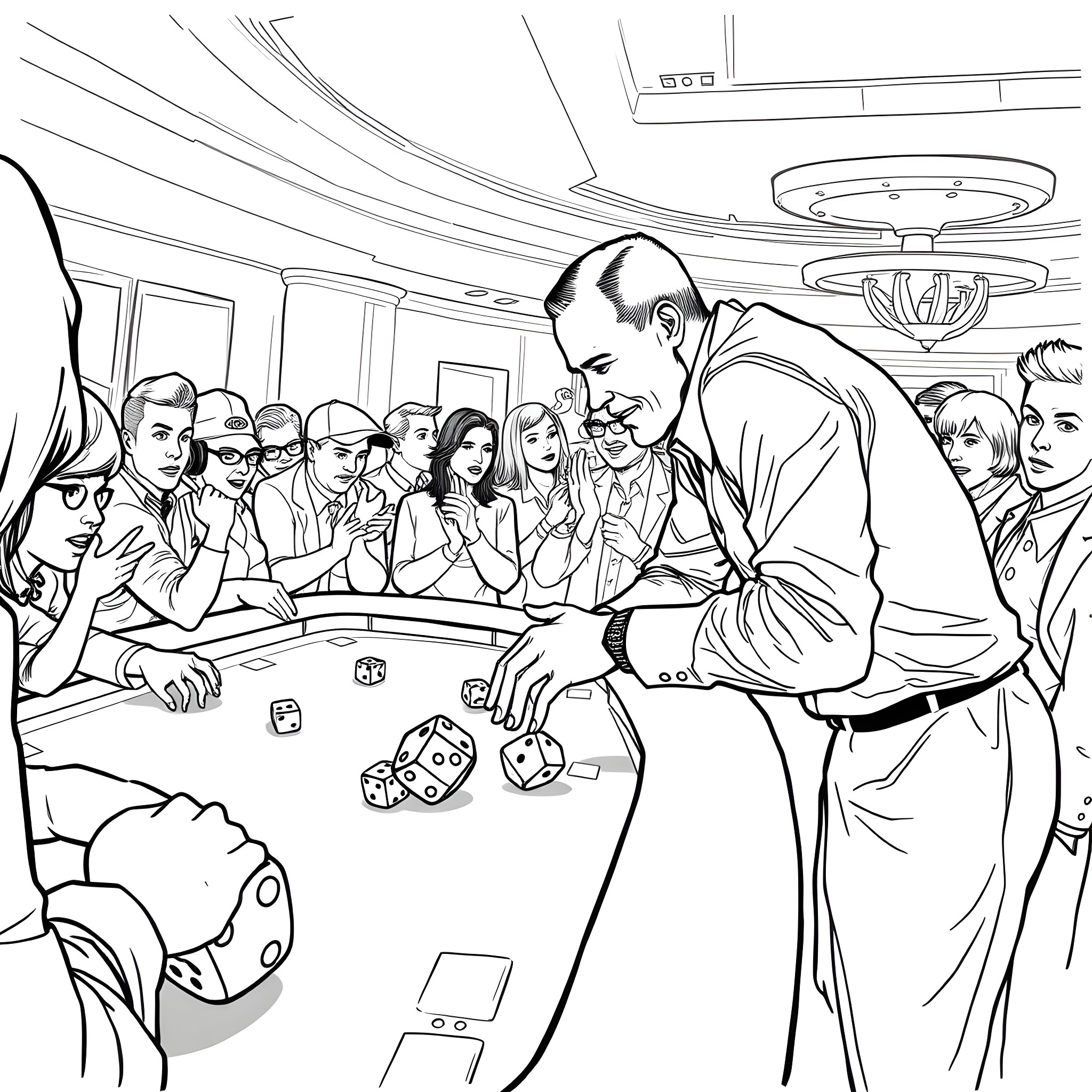 Man Playing Dice with Group in Casino Coloring Page (free black-and-white line drawing printable PDF for all, from beginners to advanced learners, including children, teens, adults, and seniors)