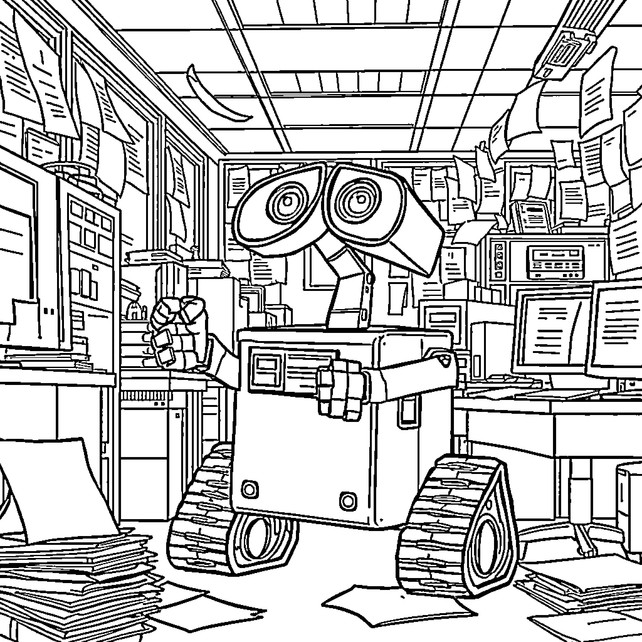 Wall-E exploring a cluttered futuristic workshop Coloring Page (free black-and-white line drawing printable PDF for all, from beginners to advanced learners, including children, teens, adults, and seniors)