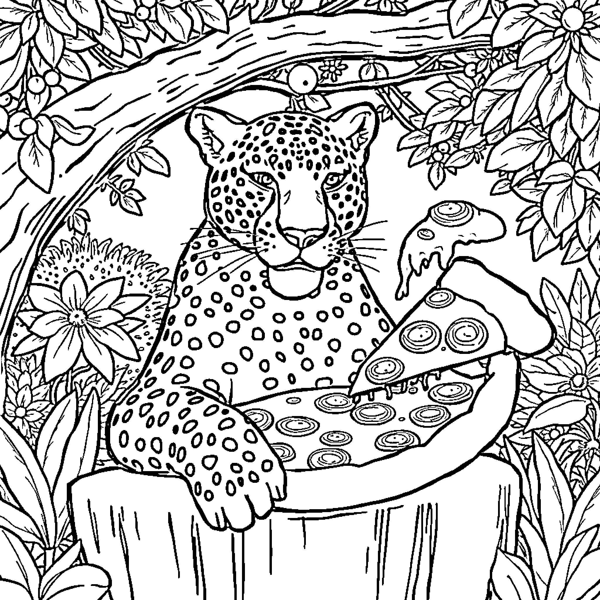Leopard lounging in the lush jungle foliage Coloring Page (free black-and-white line drawing printable PDF for all, from beginners to advanced learners, including children, teens, adults, and seniors)