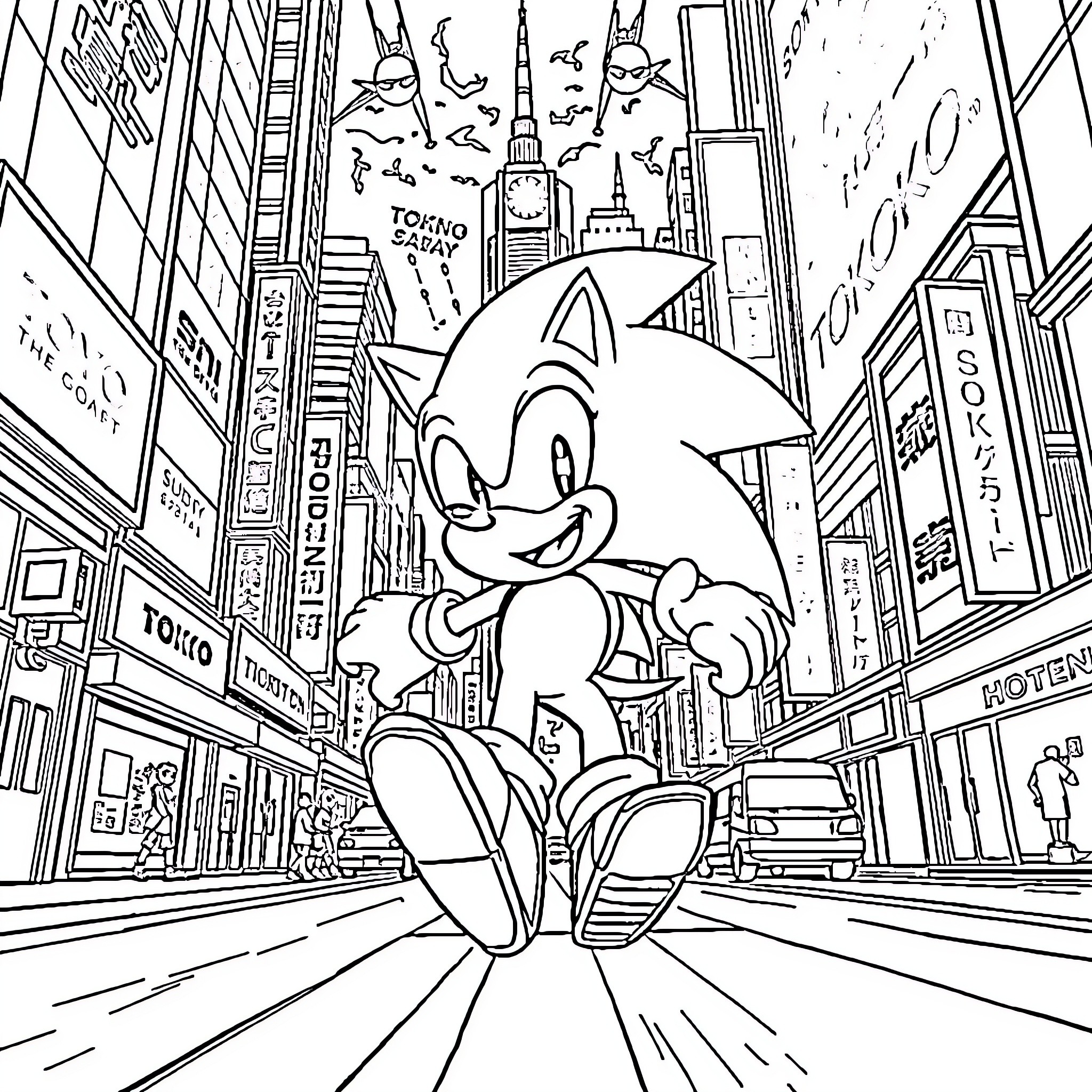 Sonic's Thrilling Adventure in the City Coloring Page (free black-and-white line drawing printable PDF for all, from beginners to advanced learners, including children, teens, adults, and seniors)