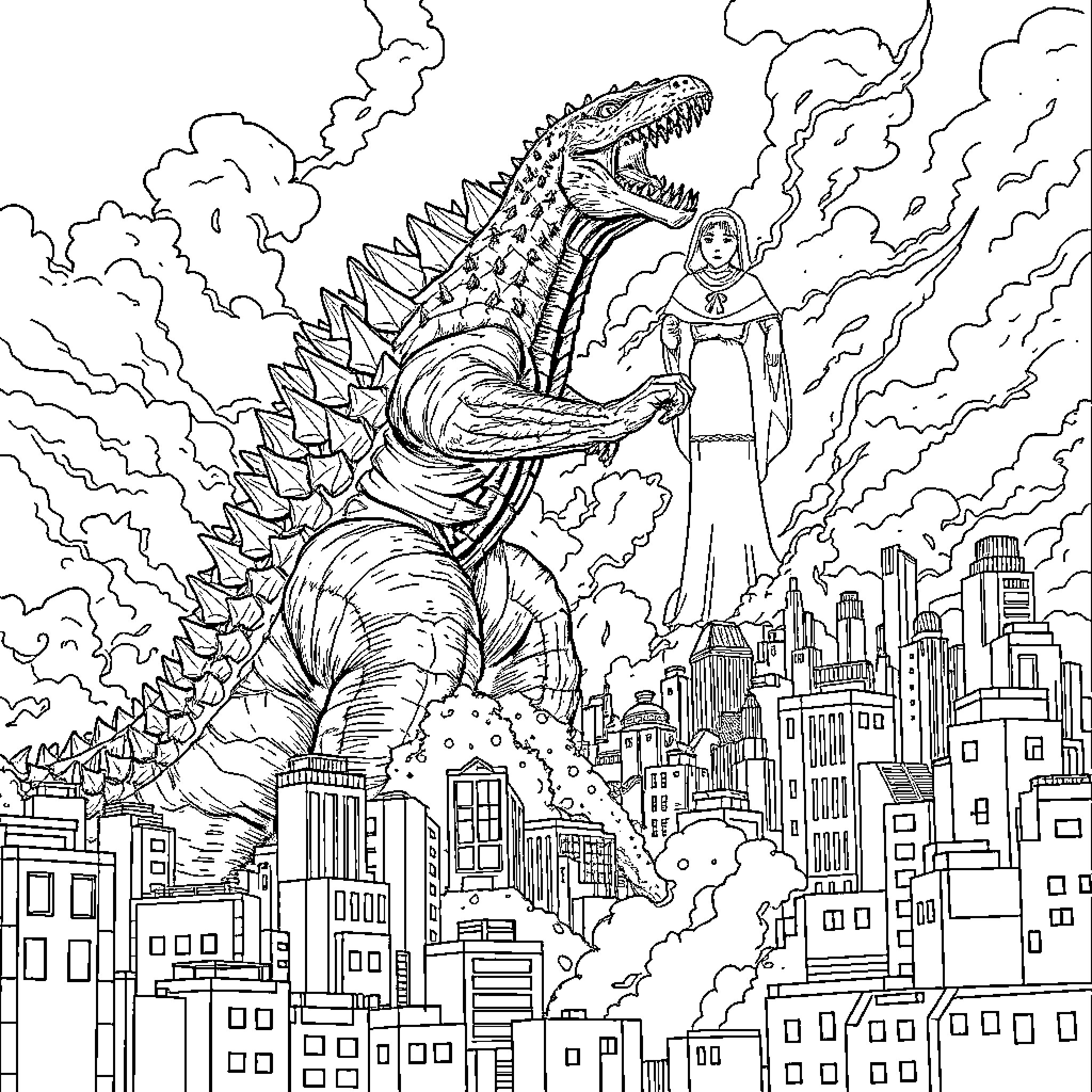 Godzilla rampaging through the city with a mysterious figure Coloring Page (free black-and-white line drawing printable PDF for all, from beginners to advanced learners, including children, teens, adults, and seniors)