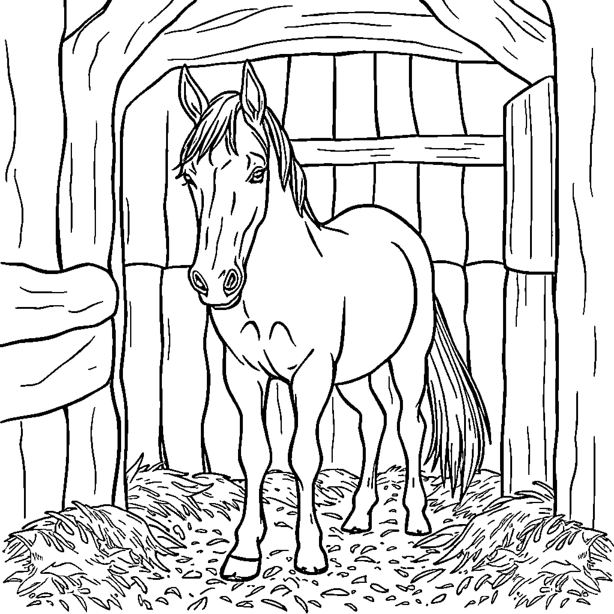 Horse standing in a barn stall Coloring Page (free black-and-white line drawing printable PDF for all, from beginners to advanced learners, including children, teens, adults, and seniors)