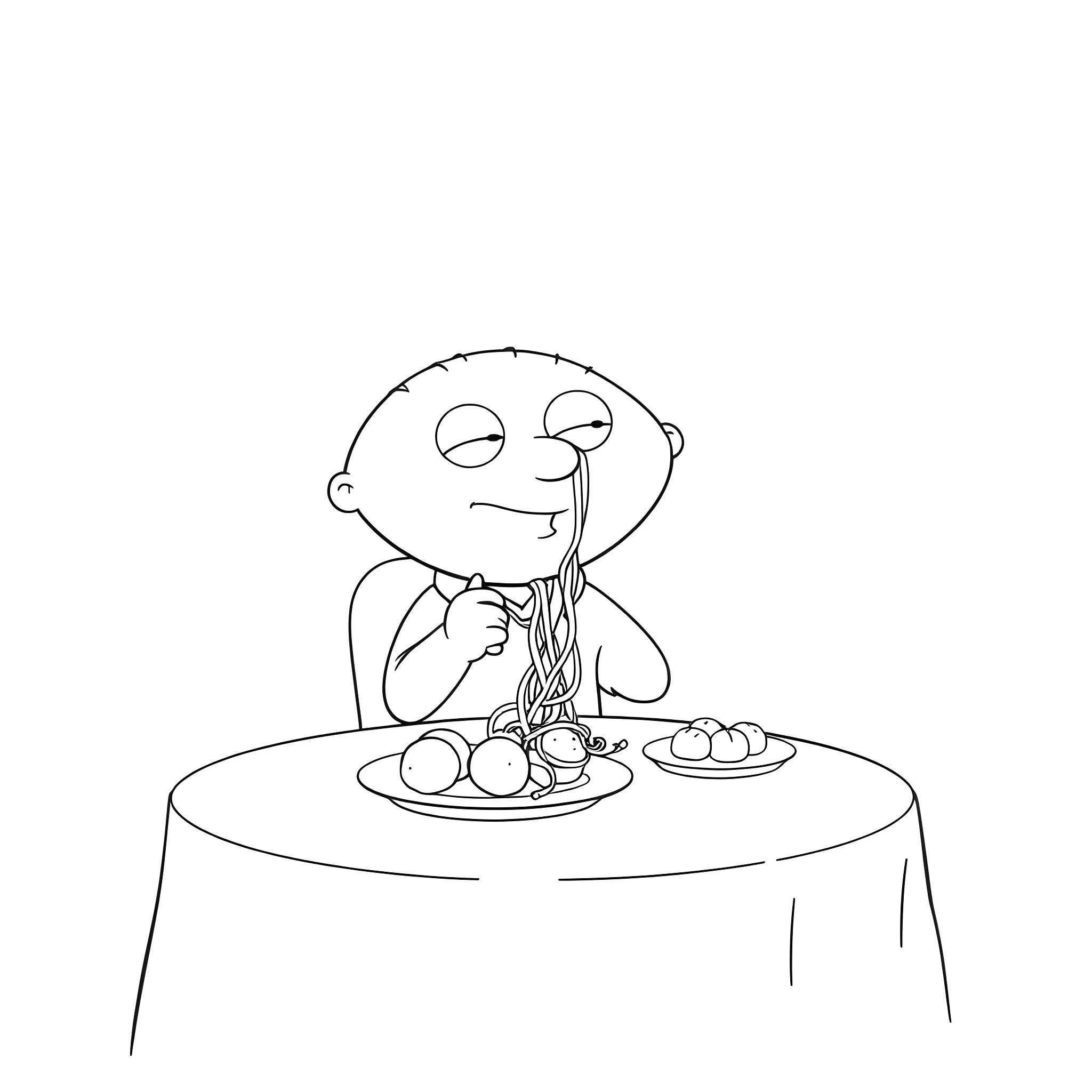 Stewie Griffin enjoying a hearty meal Coloring Page (free black-and-white line drawing printable PDF for all, from beginners to advanced learners, including children, teens, adults, and seniors)