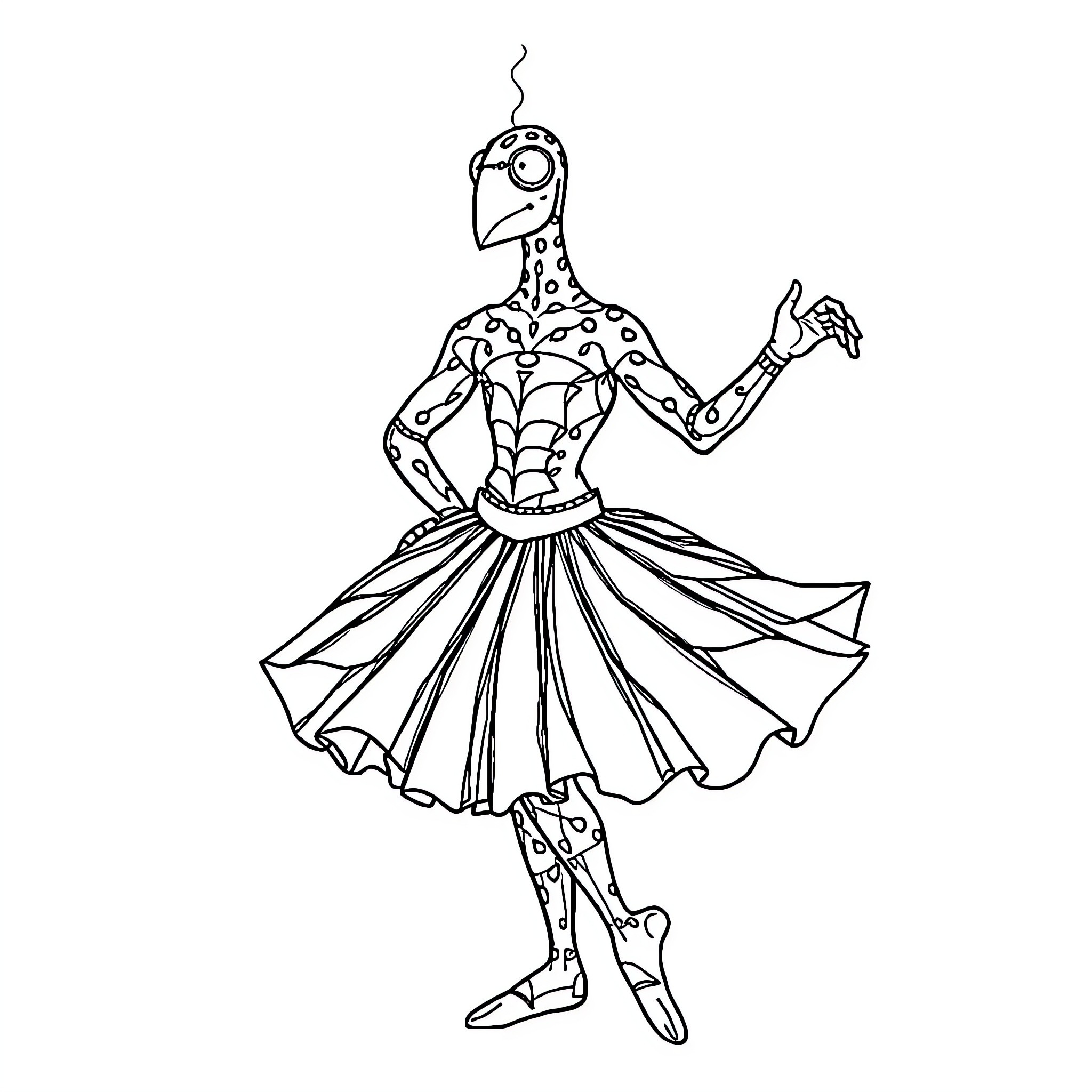 Spider-Man Dancing in Spotty Costume Coloring Page (free black-and-white line drawing printable PDF for all, from beginners to advanced learners, including children, teens, adults, and seniors)