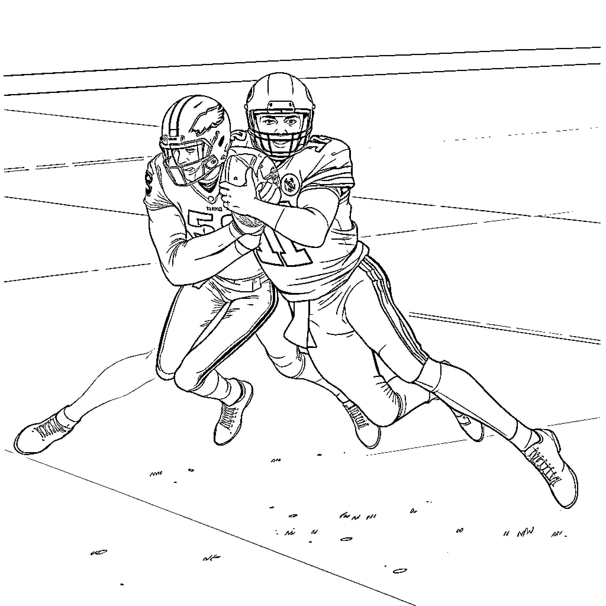 Patrick Mahomes Competing in Intense Football Game Coloring Page (free black-and-white line drawing printable PDF for all, from beginners to advanced learners, including children, teens, adults, and seniors)
