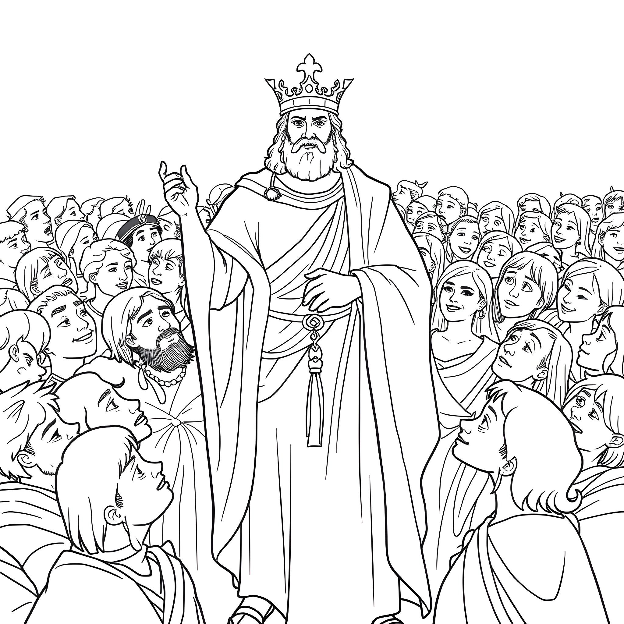 David preaching to a crowd in a robe and crown Coloring Page (free black-and-white line drawing printable PDF for all, from beginners to advanced learners, including children, teens, adults, and seniors)