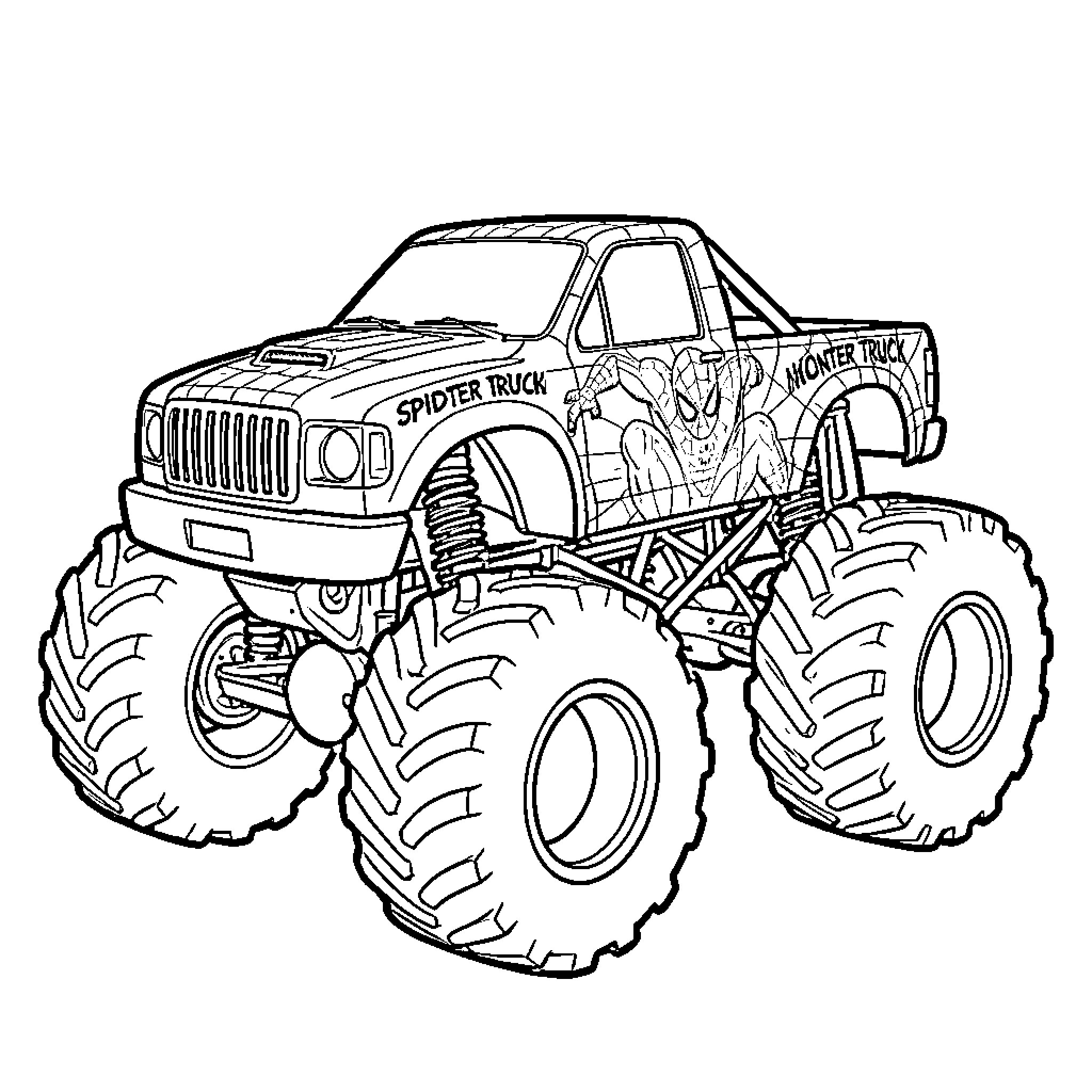 Monster Truck with Spider and Monster Decorations Coloring Page (free black-and-white line drawing printable PDF for all, from beginners to advanced learners, including children, teens, adults, and seniors)