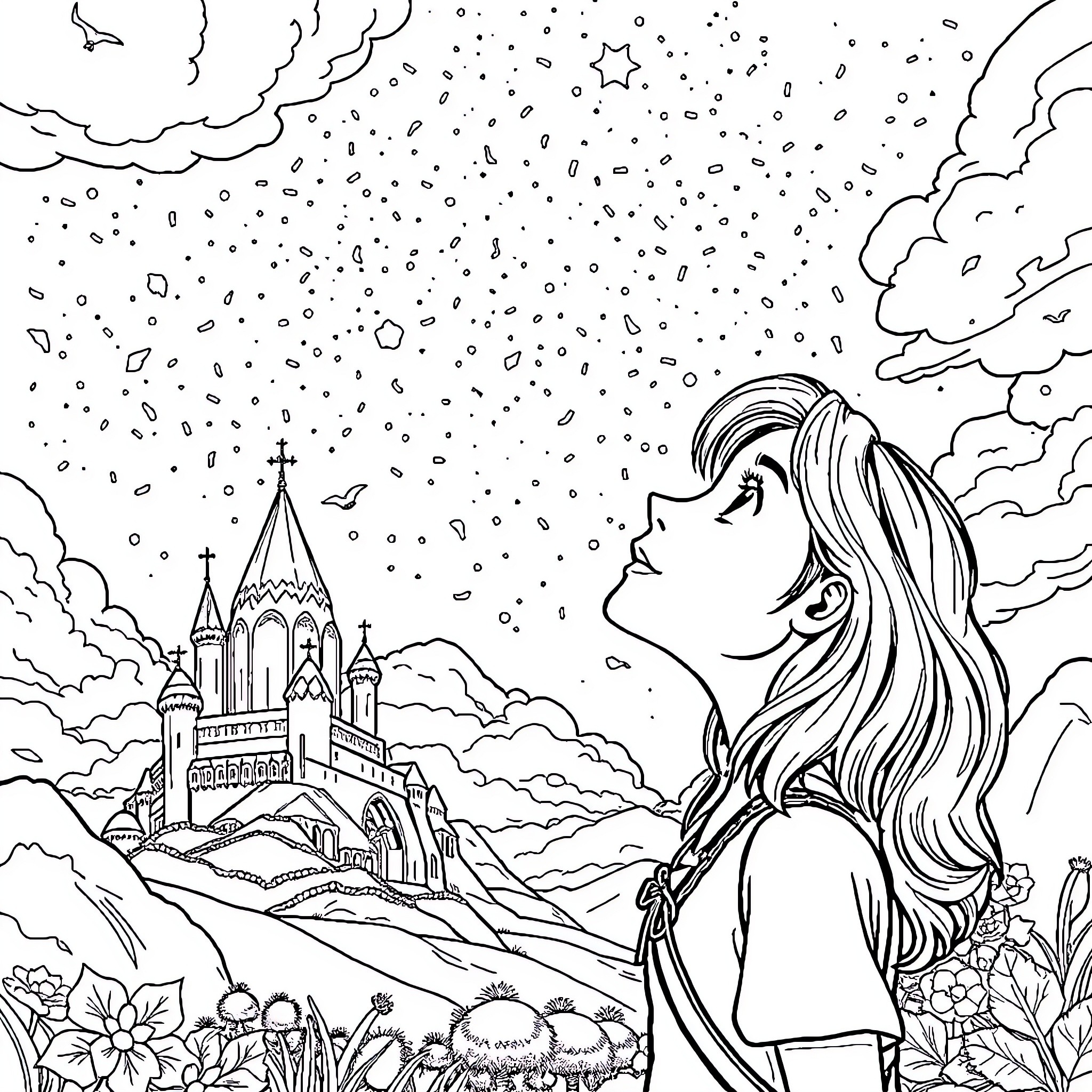 Alicia gazing at the enchanting castle in the winter wonderland Coloring Page (free black-and-white line drawing printable PDF for all, from beginners to advanced learners, including children, teens, adults, and seniors)