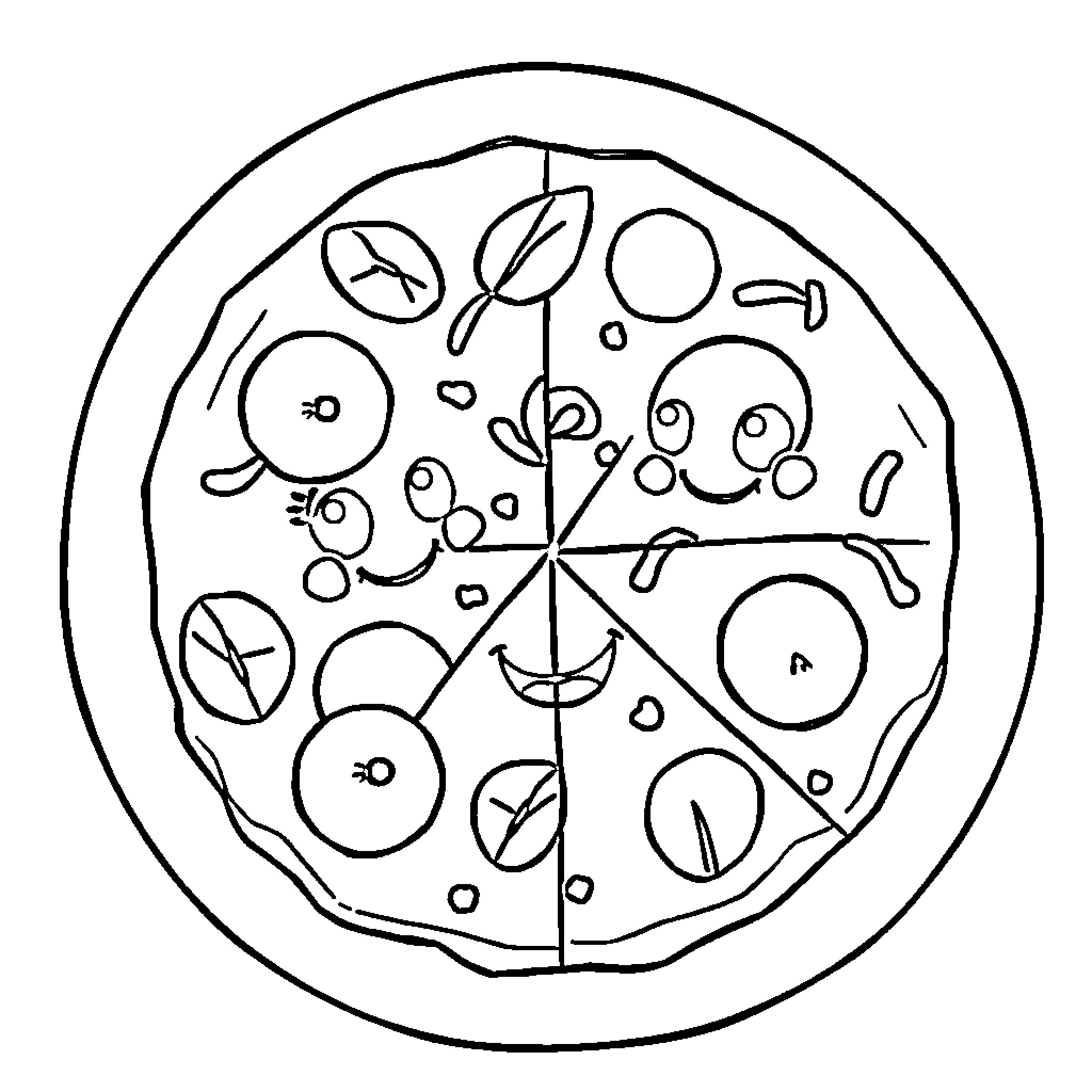 Pizza with playful cartoon characters Coloring Page (free black-and-white line drawing printable PDF for all, from beginners to advanced learners, including children, teens, adults, and seniors)