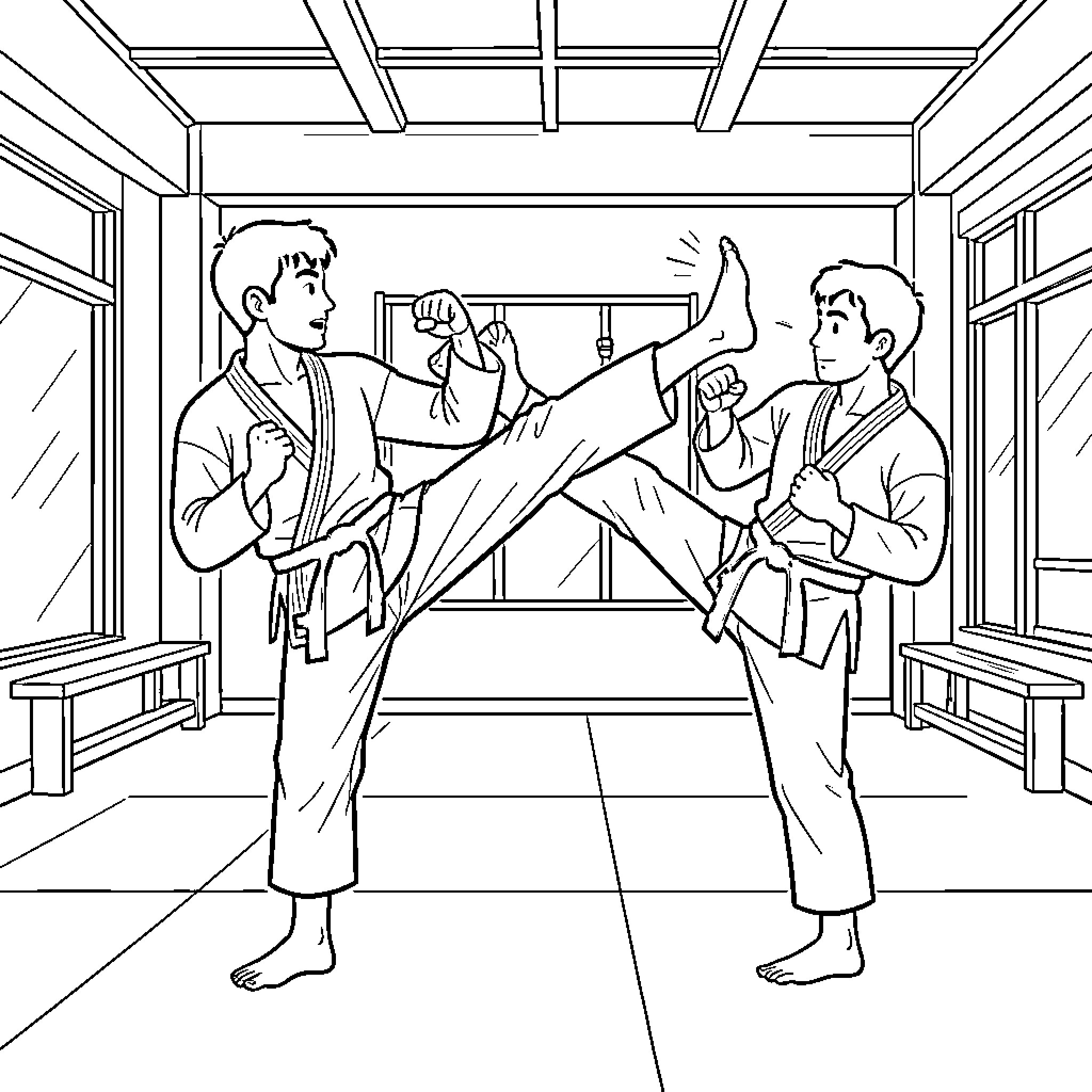 Karateka practicing high kicks in a training dojo Coloring Page (free black-and-white line drawing printable PDF for all, from beginners to advanced learners, including children, teens, adults, and seniors)