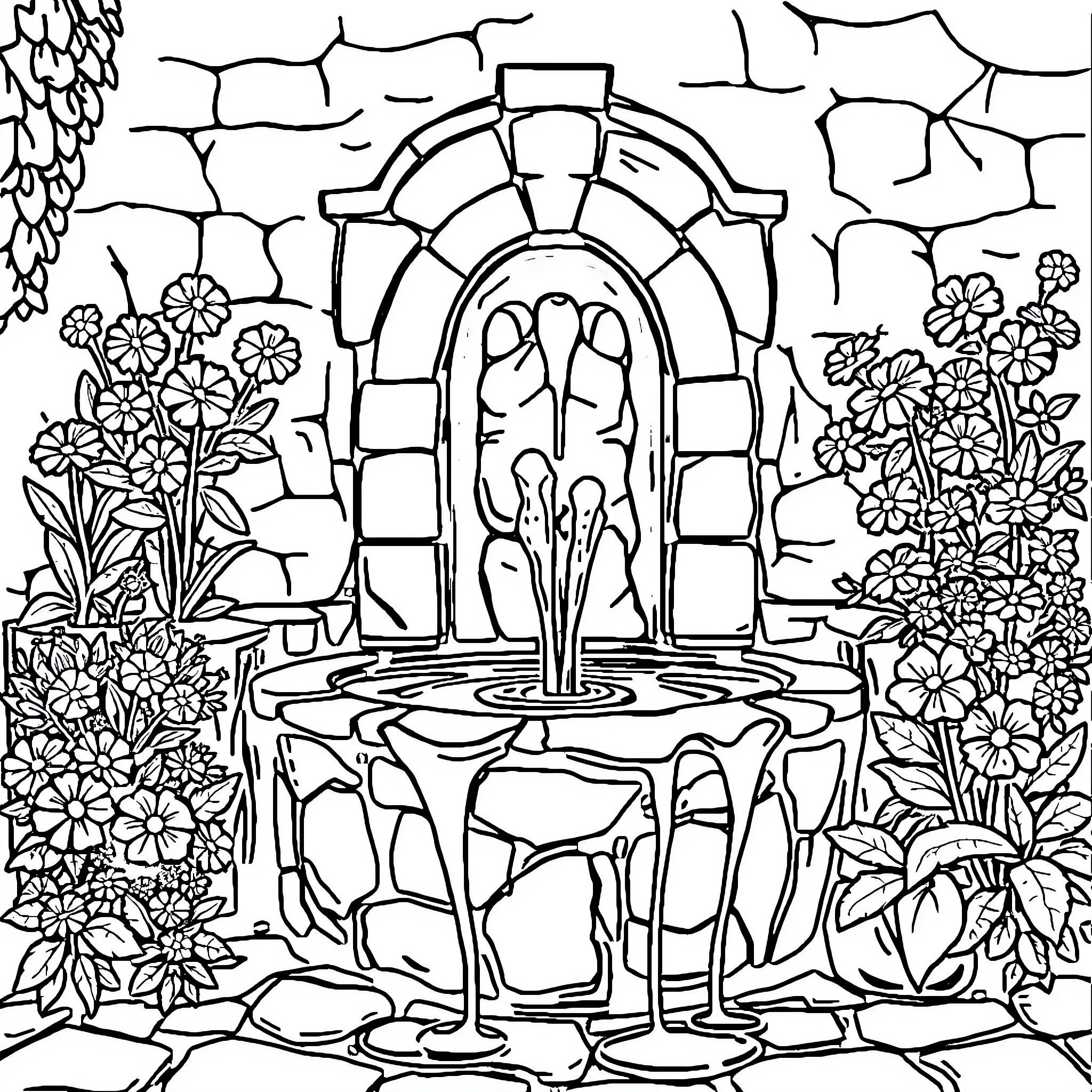 El Lavacro: Serene Garden Fountain Coloring Page (free black-and-white line drawing printable PDF for all, from beginners to advanced learners, including children, teens, adults, and seniors)