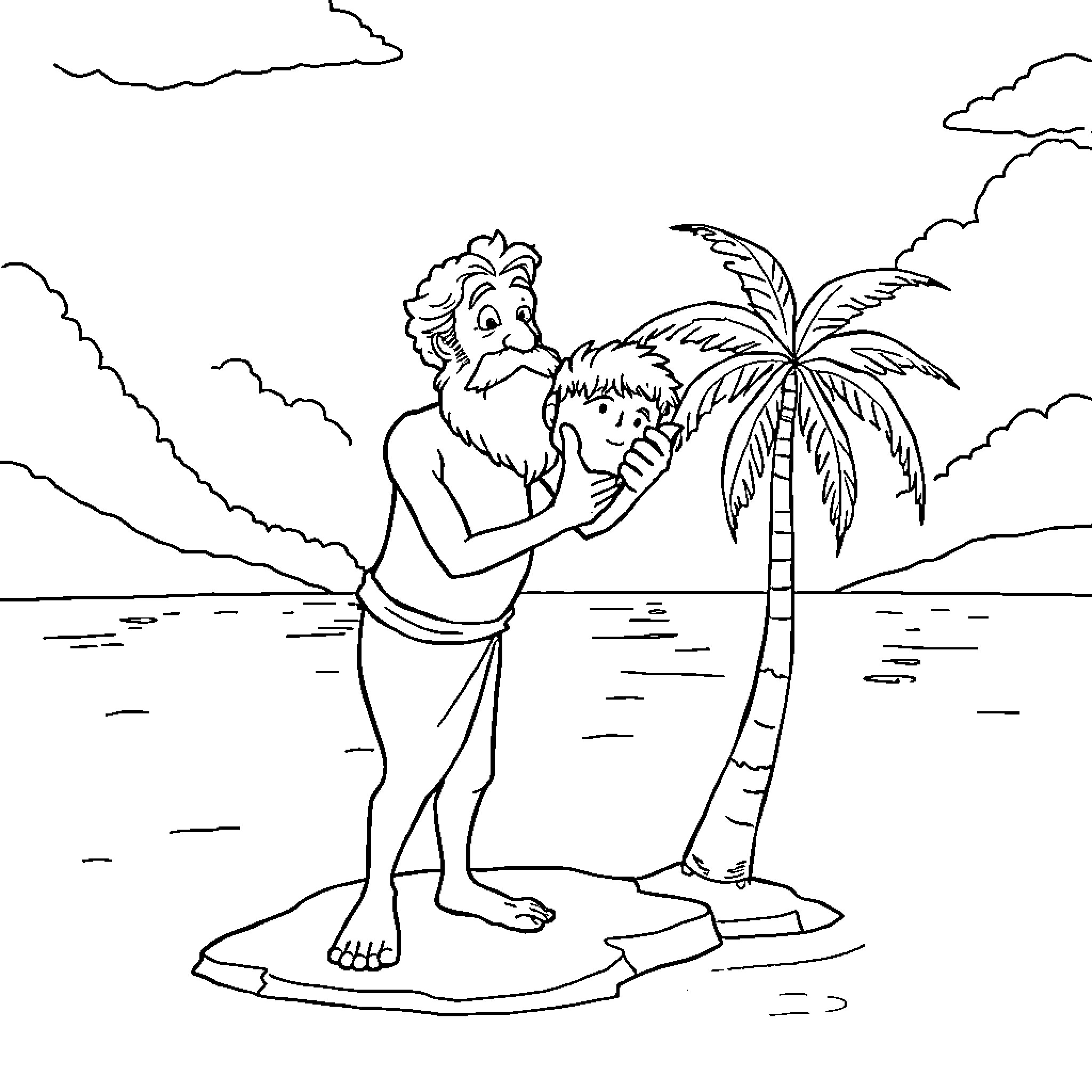 Aesop's Tale of a Shipwrecked Castaway Coloring Page (free black-and-white line drawing printable PDF for all, from beginners to advanced learners, including children, teens, adults, and seniors)