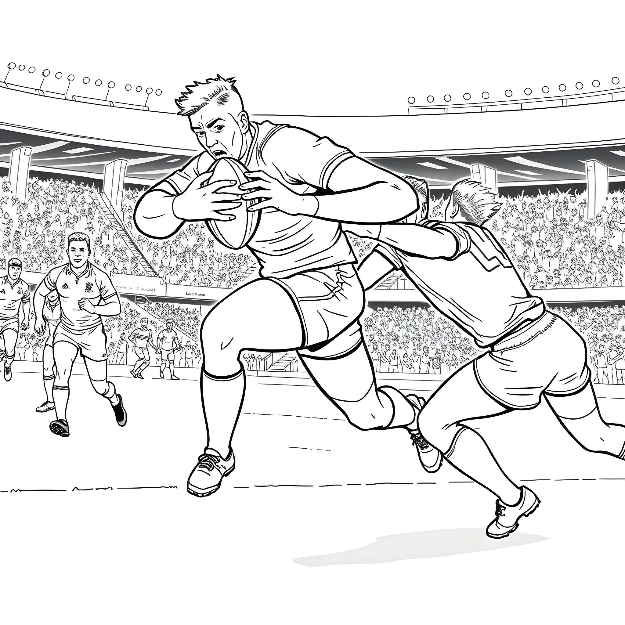 Munster players in intense rugby match Coloring Page (free black-and-white line drawing printable PDF for all, from beginners to advanced learners, including children, teens, adults, and seniors)