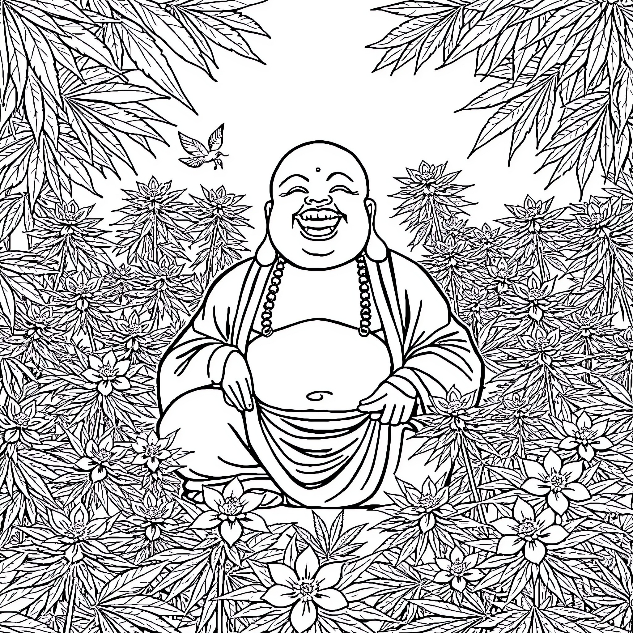 Buddha sitting amidst a floral paradise Coloring Page (free black-and-white line drawing printable PDF for all, from beginners to advanced learners, including children, teens, adults, and seniors)