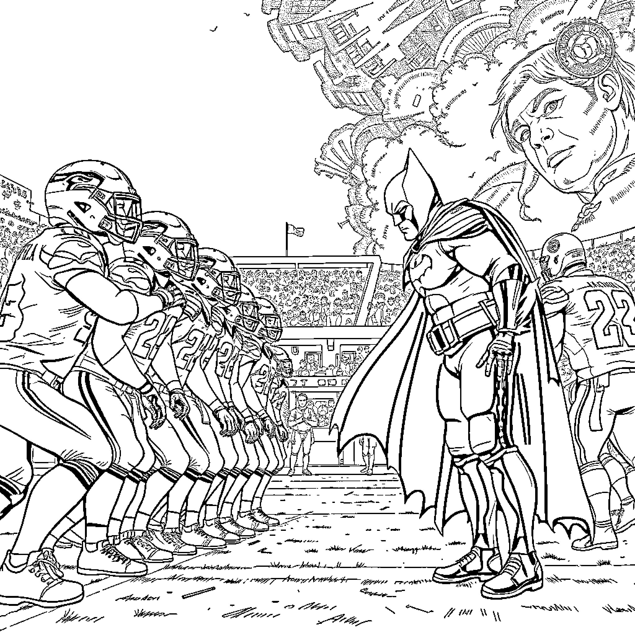 Seahawk players preparing for the big game Coloring Page (free black-and-white line drawing printable PDF for all, from beginners to advanced learners, including children, teens, adults, and seniors)