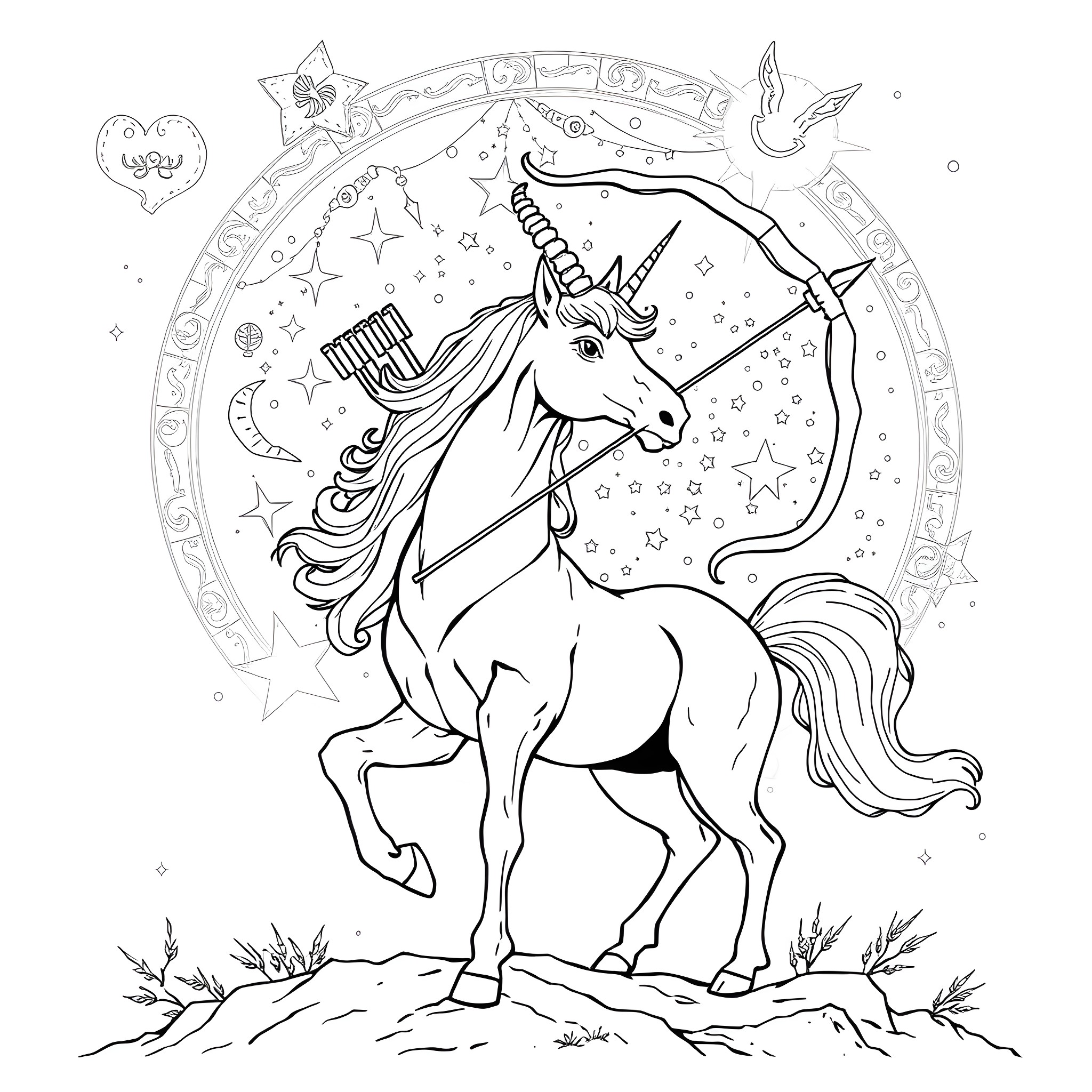 Sagittarius Unicorn Archer in Starry Night Landscape Coloring Page (free black-and-white line drawing printable PDF for all, from beginners to advanced learners, including children, teens, adults, and seniors)