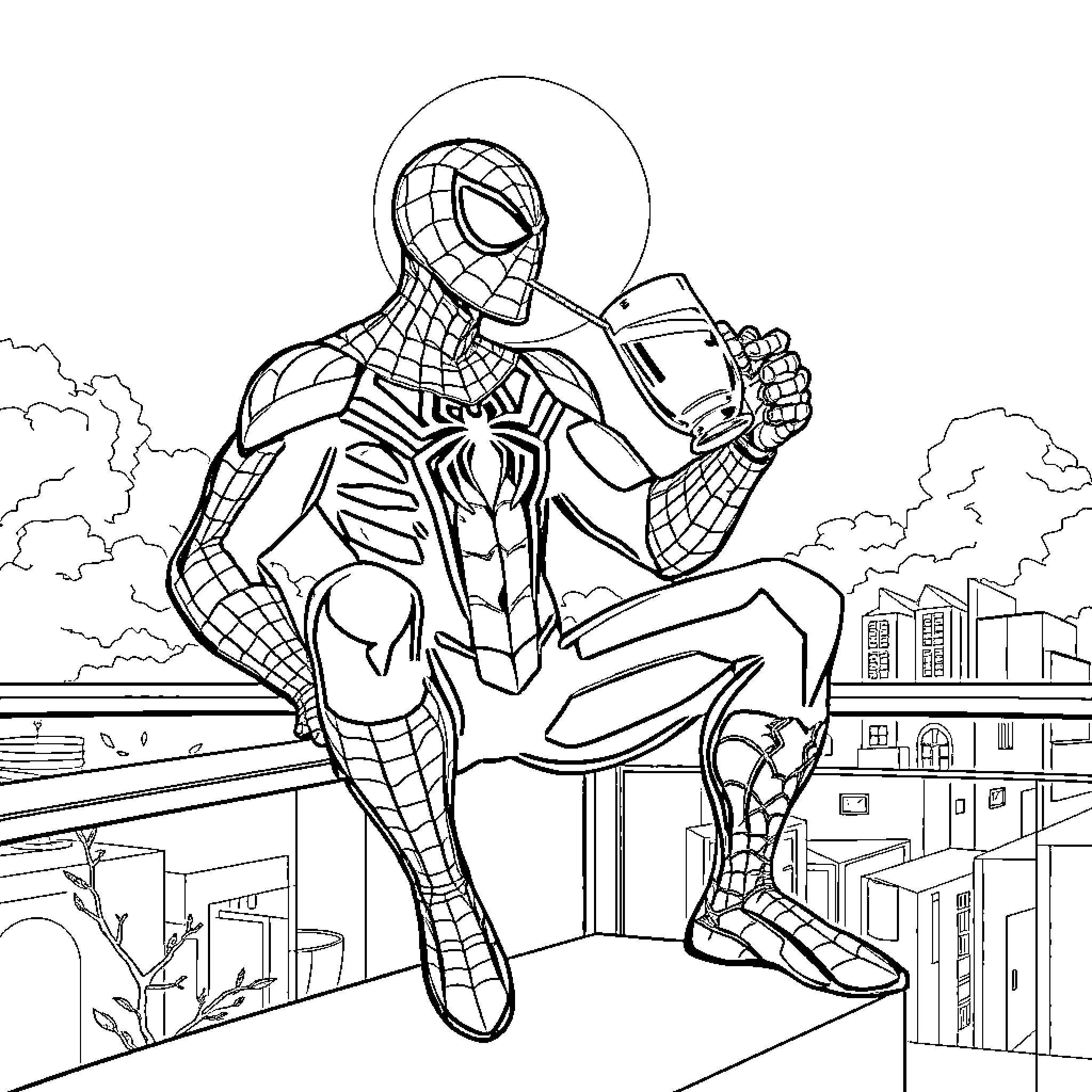 Spiderman swinging through the cityscape Coloring Page (free black-and-white line drawing printable PDF for all, from beginners to advanced learners, including children, teens, adults, and seniors)