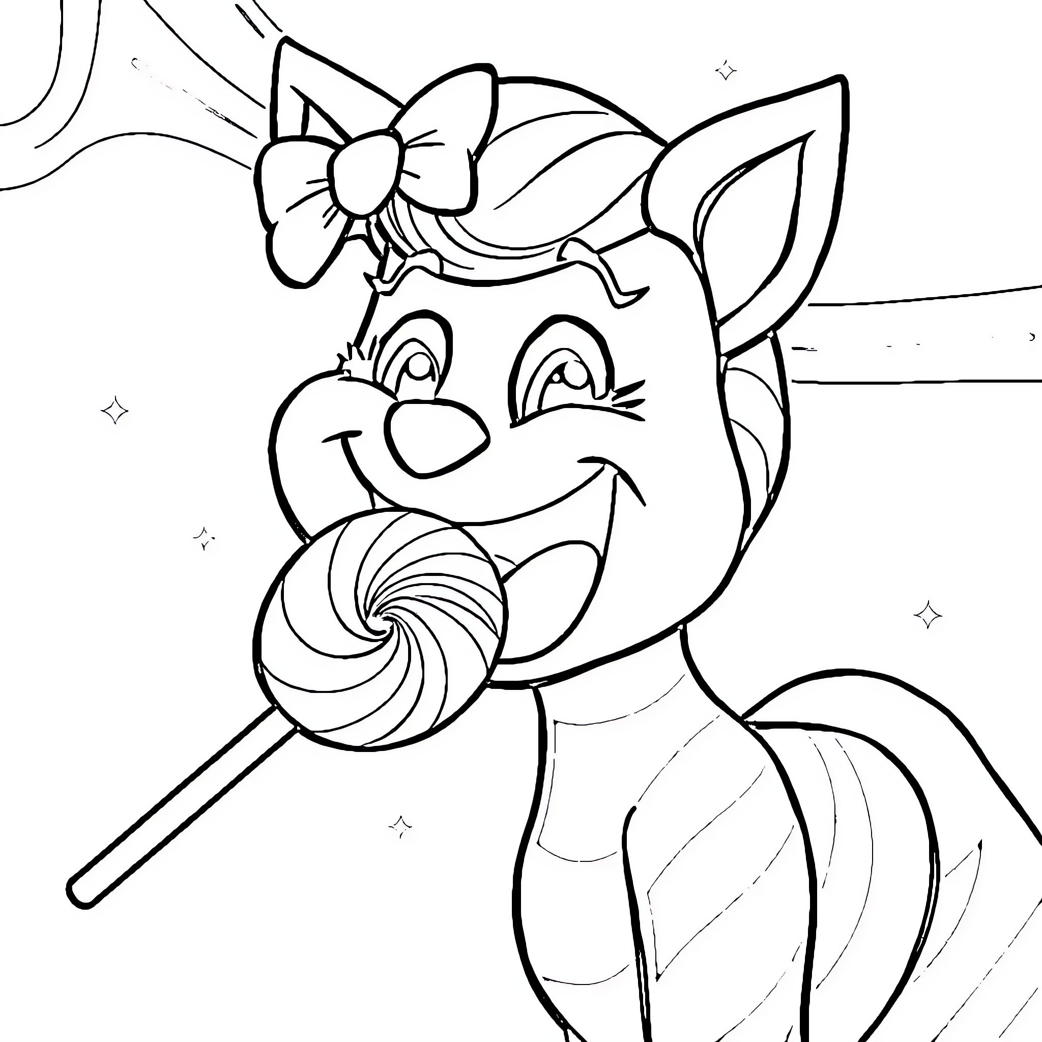 Sinamorol Enjoying Colorful Lollipop Coloring Page (free black-and-white line drawing printable PDF for all, from beginners to advanced learners, including children, teens, adults, and seniors)