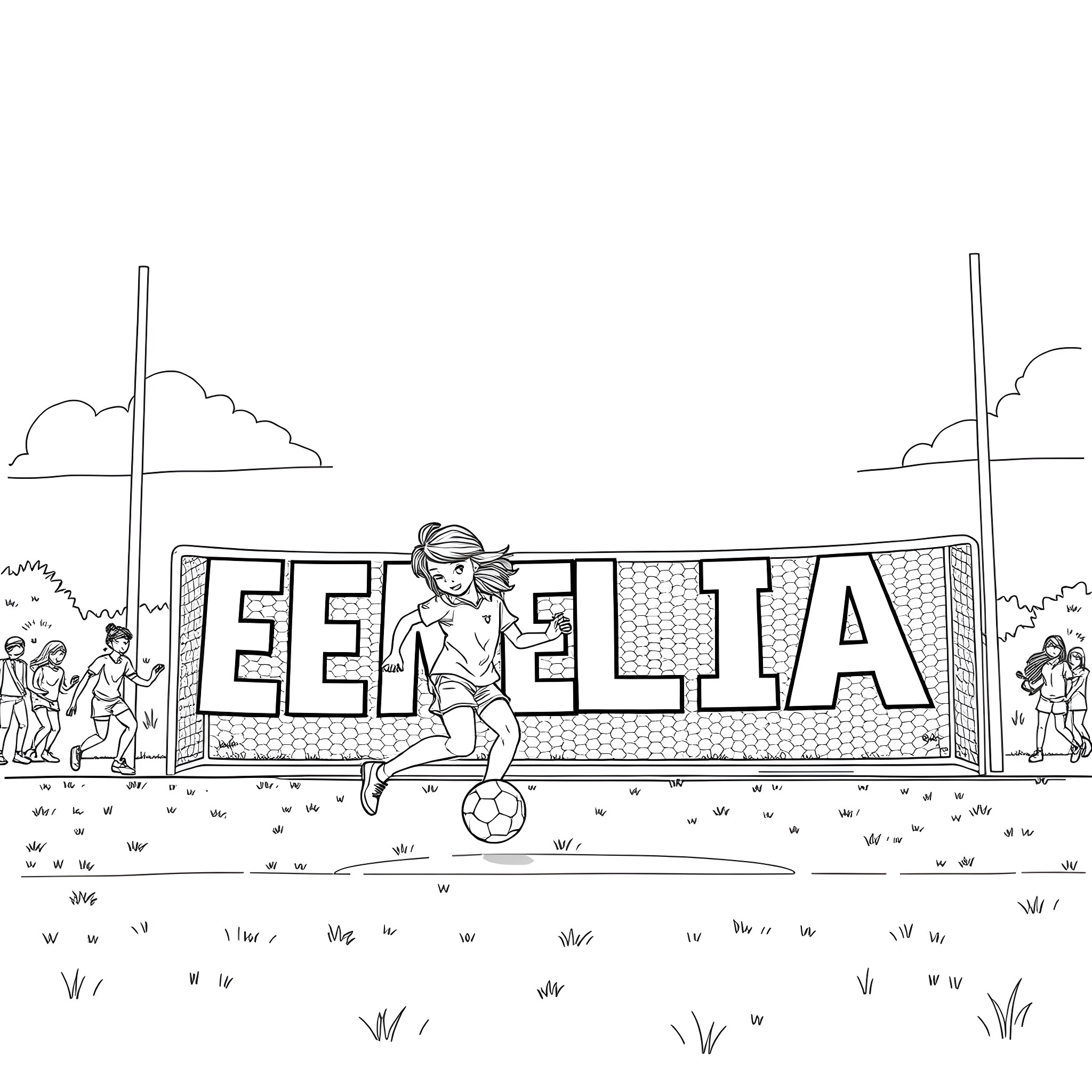 Girl playing with soccer ball in front of Eevelia sign Coloring Page (free black-and-white line drawing printable PDF for all, from beginners to advanced learners, including children, teens, adults, and seniors)