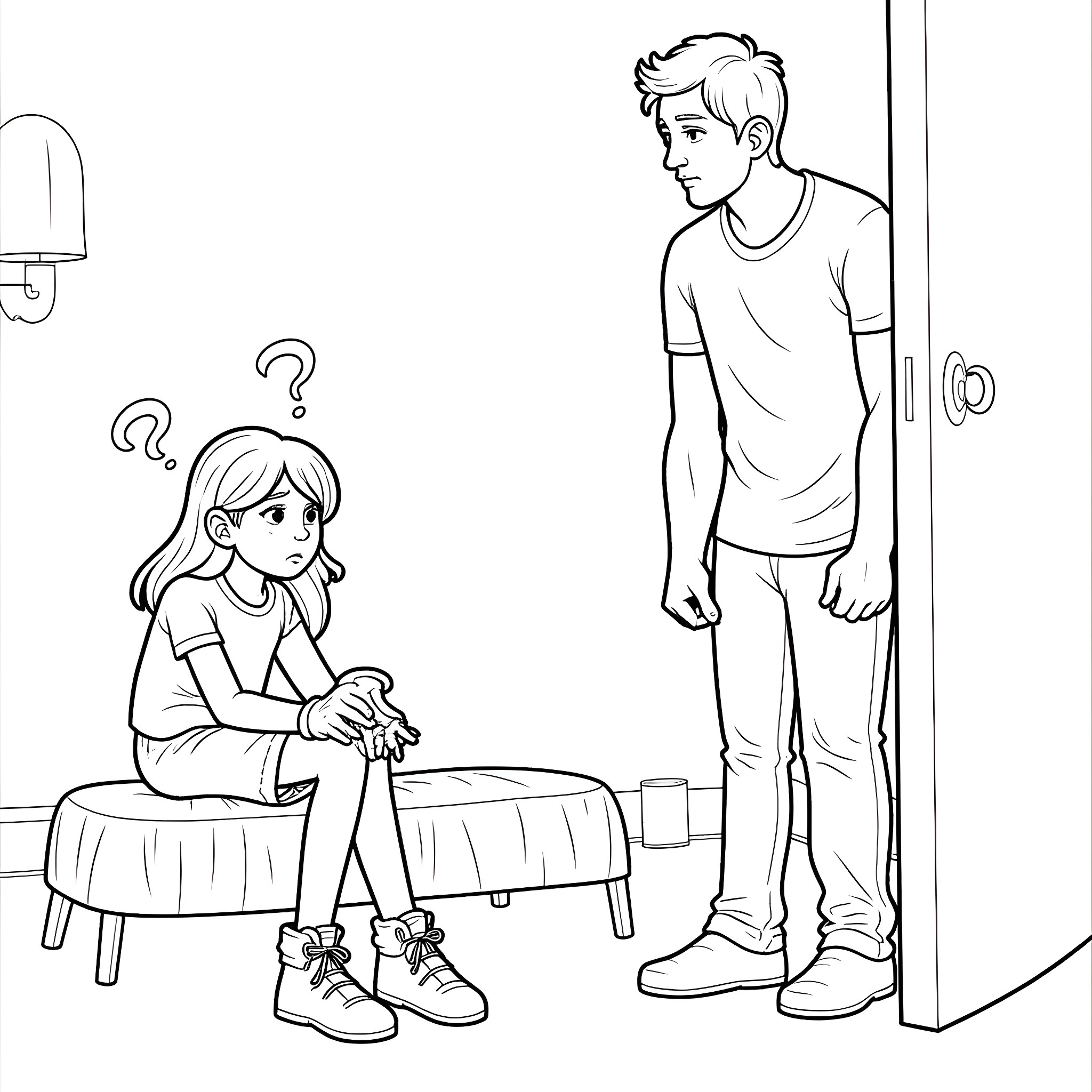 Girl Sitting Thoughtfully While Boy Stands By Coloring Page (free black-and-white line drawing printable PDF for all, from beginners to advanced learners, including children, teens, adults, and seniors)