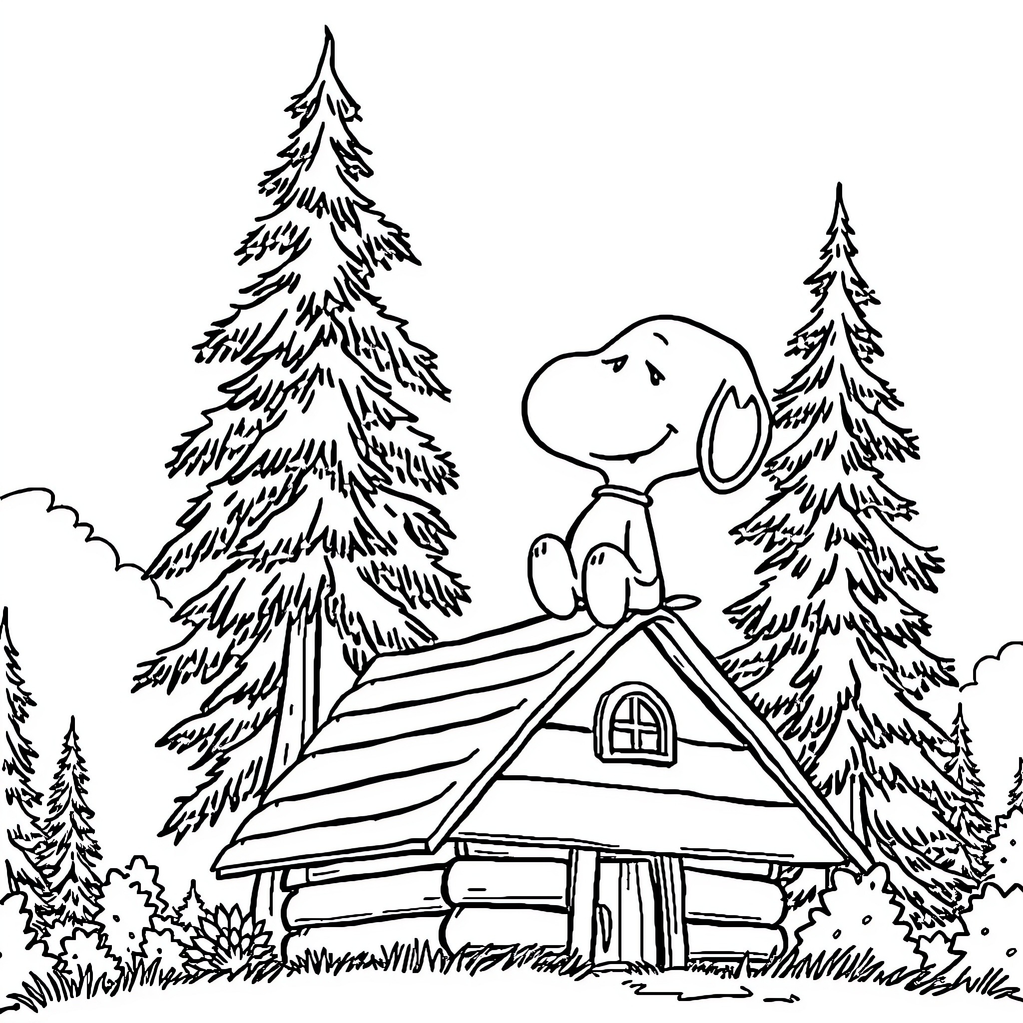 Snoopy enjoying the cozy cabin in the woods Coloring Page (free black-and-white line drawing printable PDF for all, from beginners to advanced learners, including children, teens, adults, and seniors)