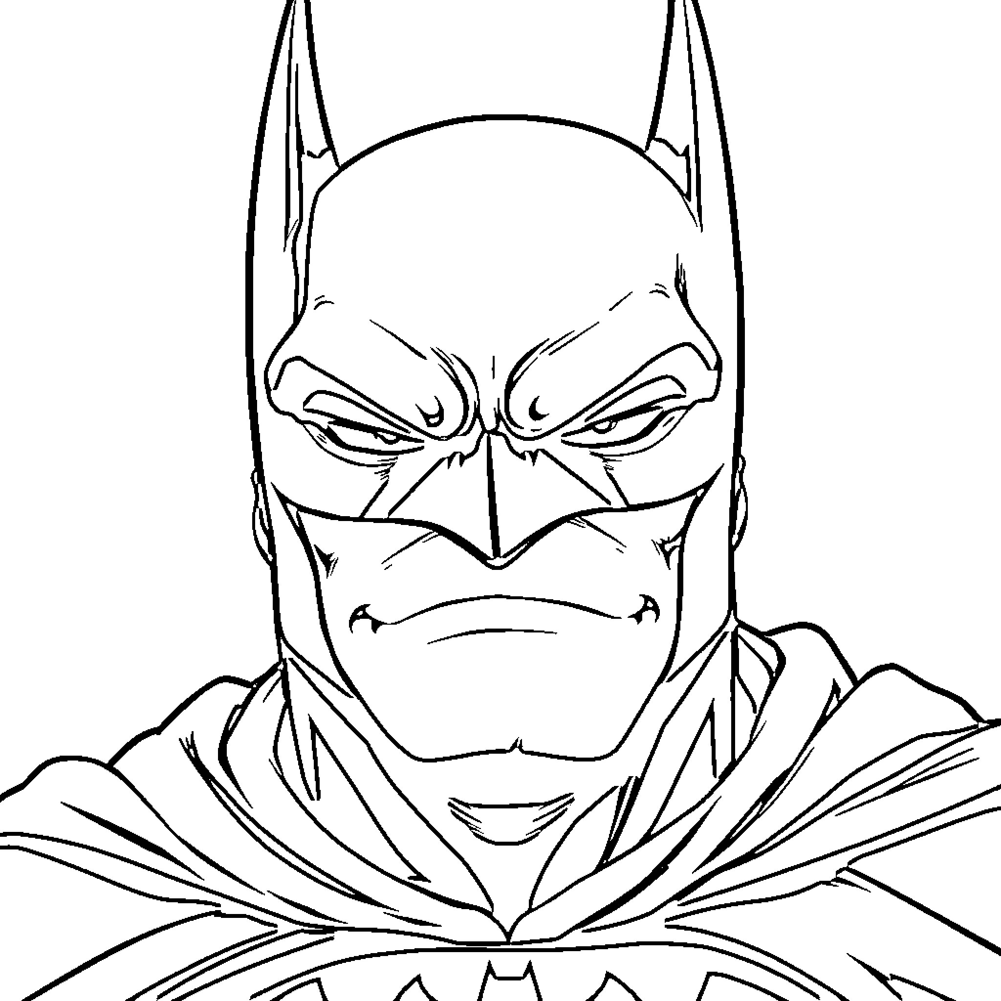 Batman in fierce expression Coloring Page (free black-and-white line drawing printable PDF for all, from beginners to advanced learners, including children, teens, adults, and seniors)