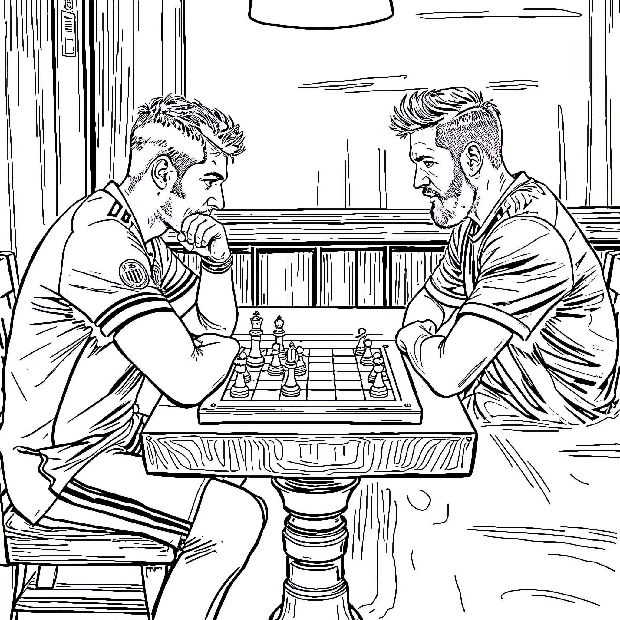 Ronaldo playing chess with opponent in intense match Coloring Page (free black-and-white line drawing printable PDF for all, from beginners to advanced learners, including children, teens, adults, and seniors)