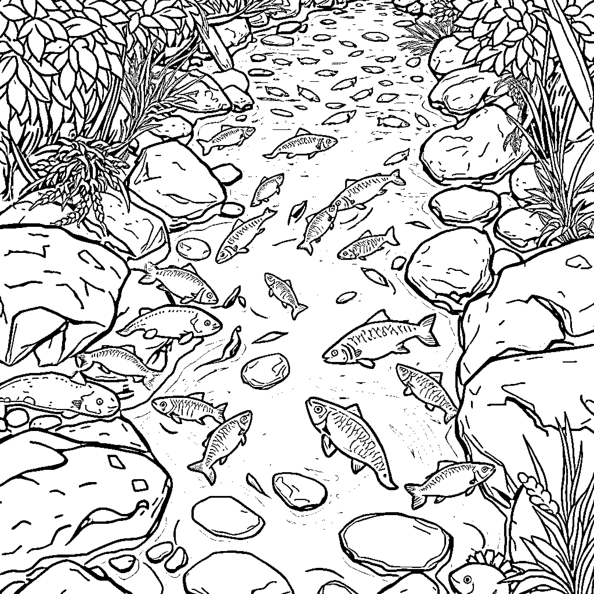 Fish swimming in a rocky underwater scene Coloring Page (free black-and-white line drawing printable PDF for all, from beginners to advanced learners, including children, teens, adults, and seniors)