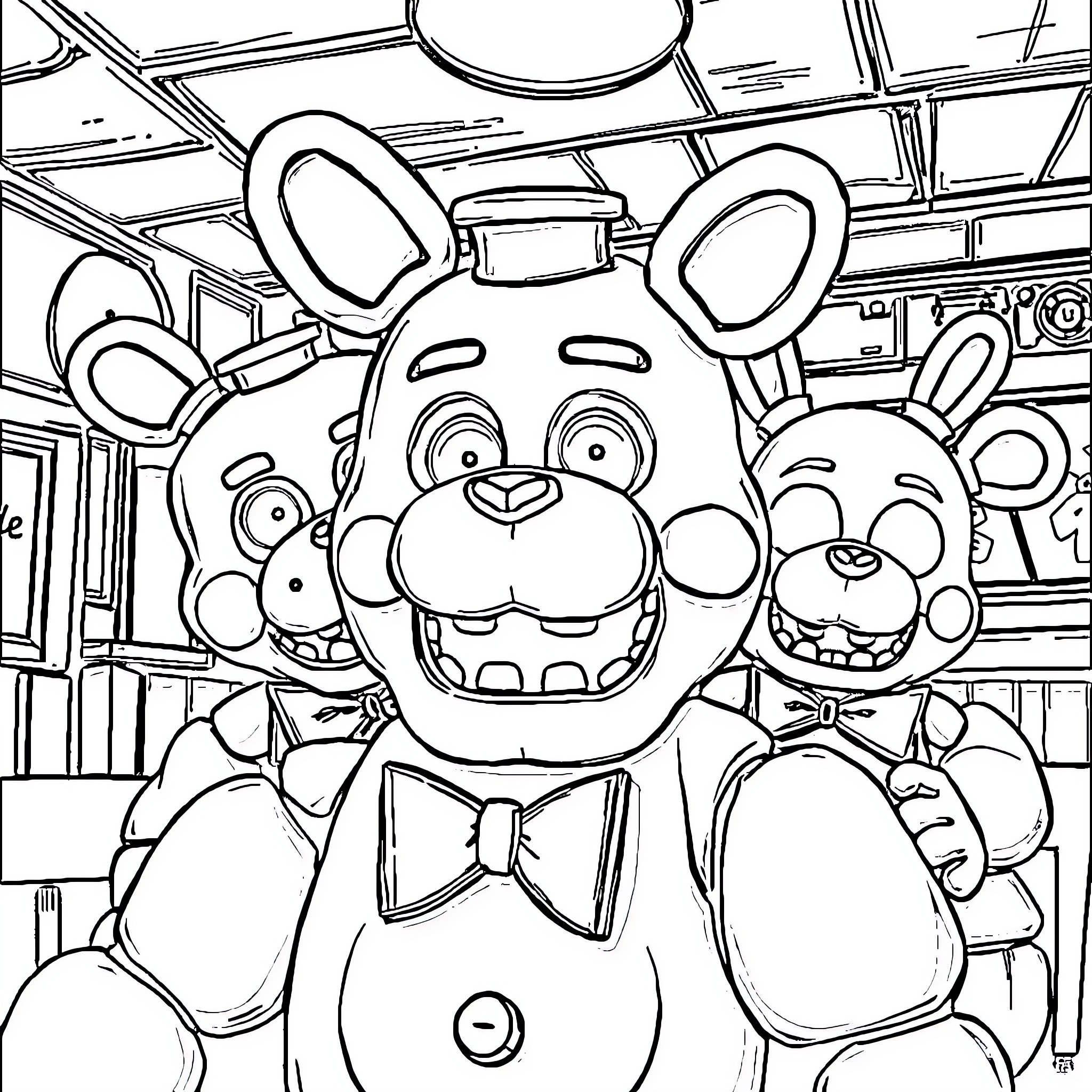 FNAF Cartoon-style Characters in Animated Setting Coloring Page (free black-and-white line drawing printable PDF for all, from beginners to advanced learners, including children, teens, adults, and seniors)