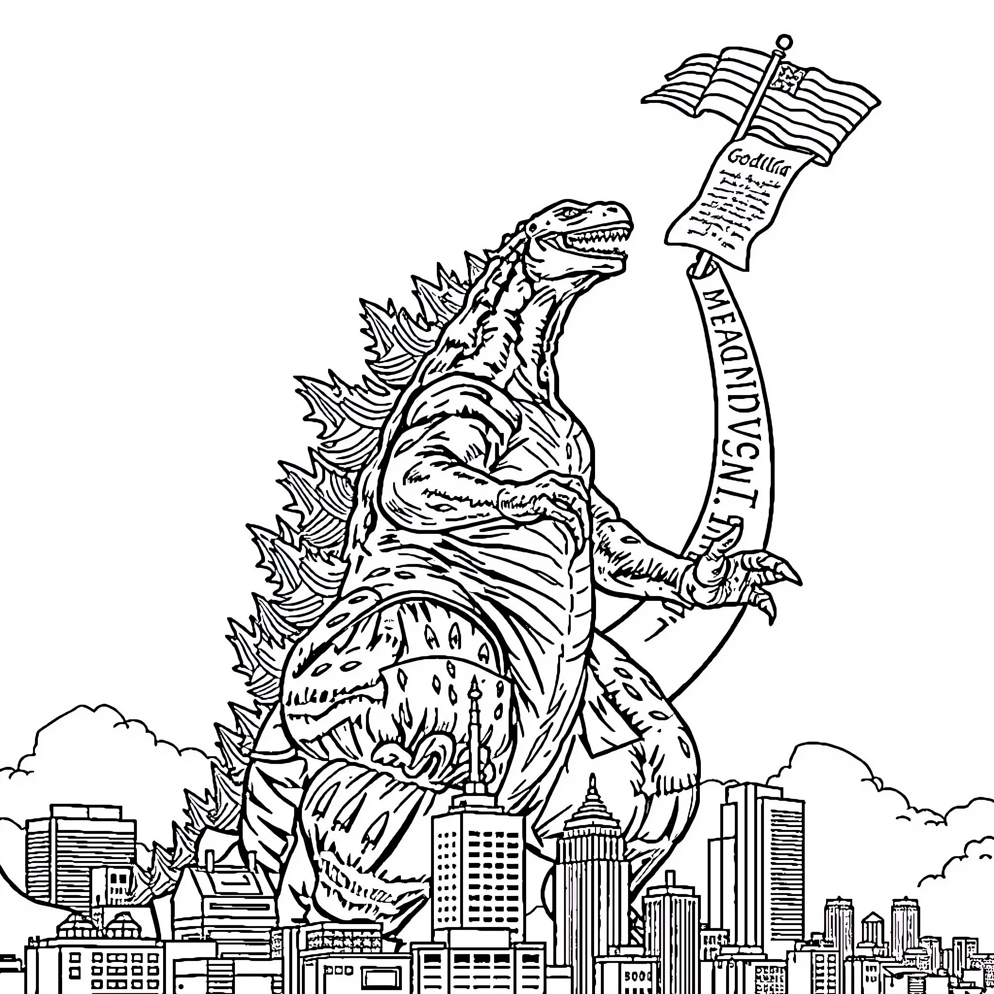 Godzilla Stomping Through the City with a Book Coloring Page (free black-and-white line drawing printable PDF for all, from beginners to advanced learners, including children, teens, adults, and seniors)