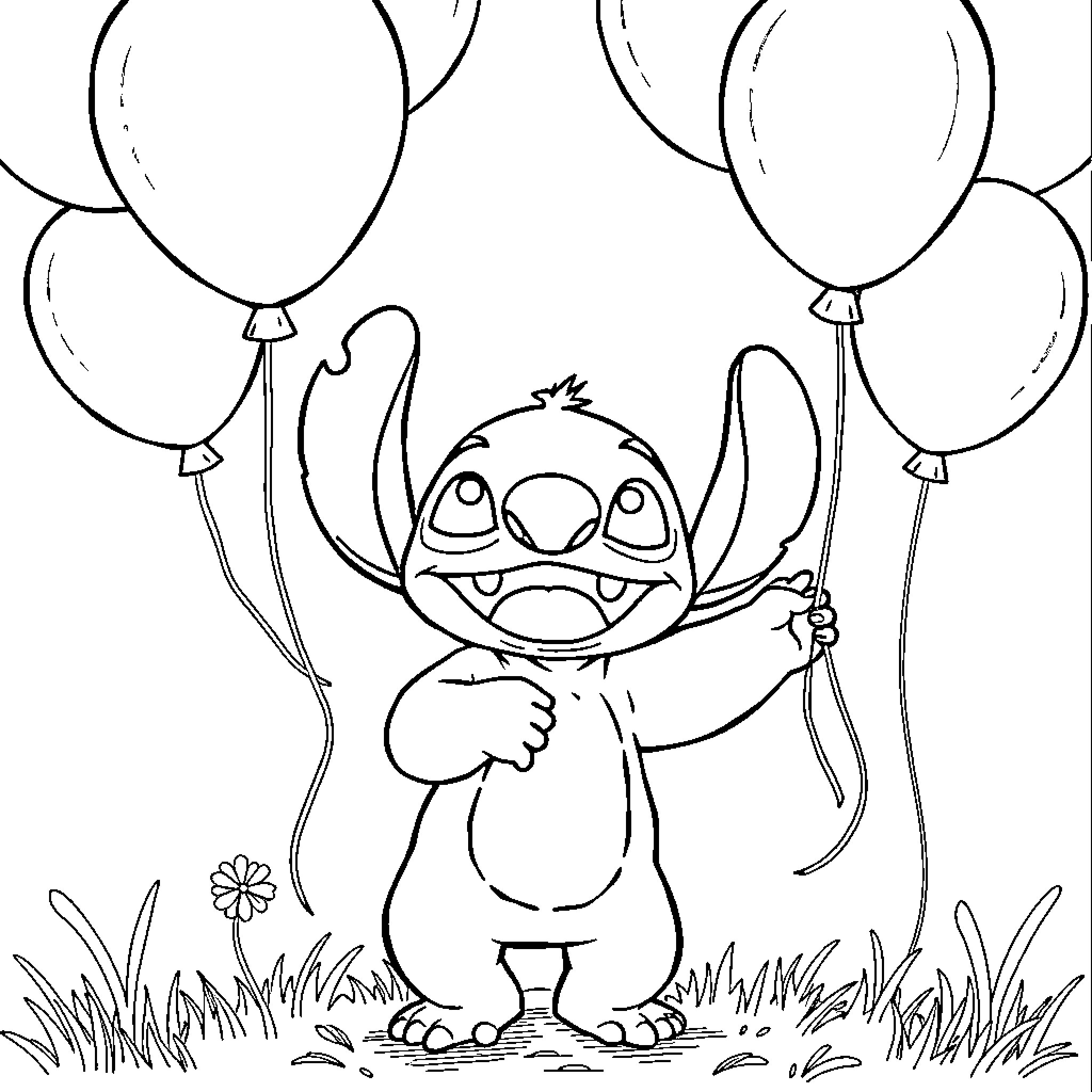 Stitch playing with balloons in the meadow Coloring Page (free black-and-white line drawing printable PDF for all, from beginners to advanced learners, including children, teens, adults, and seniors)