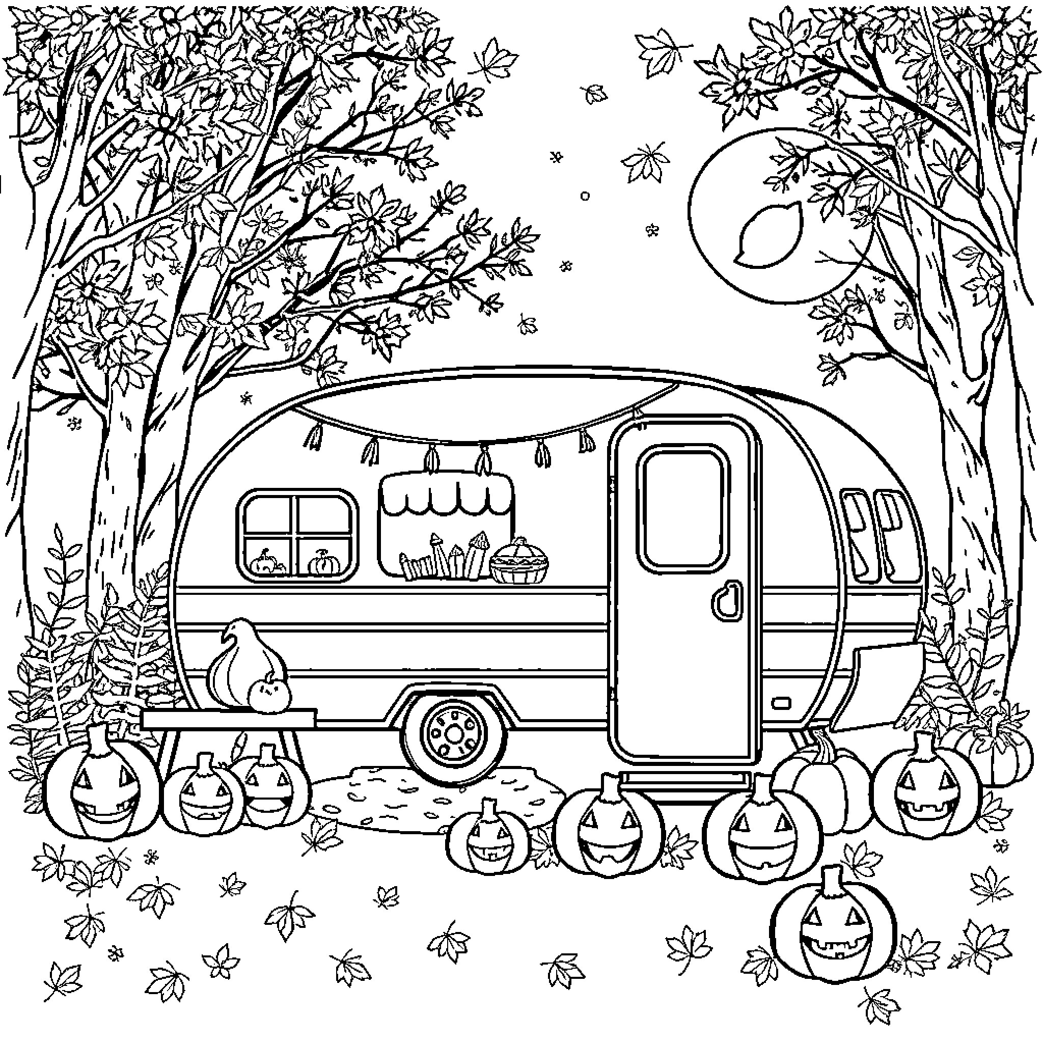 Camper exploring autumn forest with cozy trailer Coloring Page (free black-and-white line drawing printable PDF for all, from beginners to advanced learners, including children, teens, adults, and seniors)