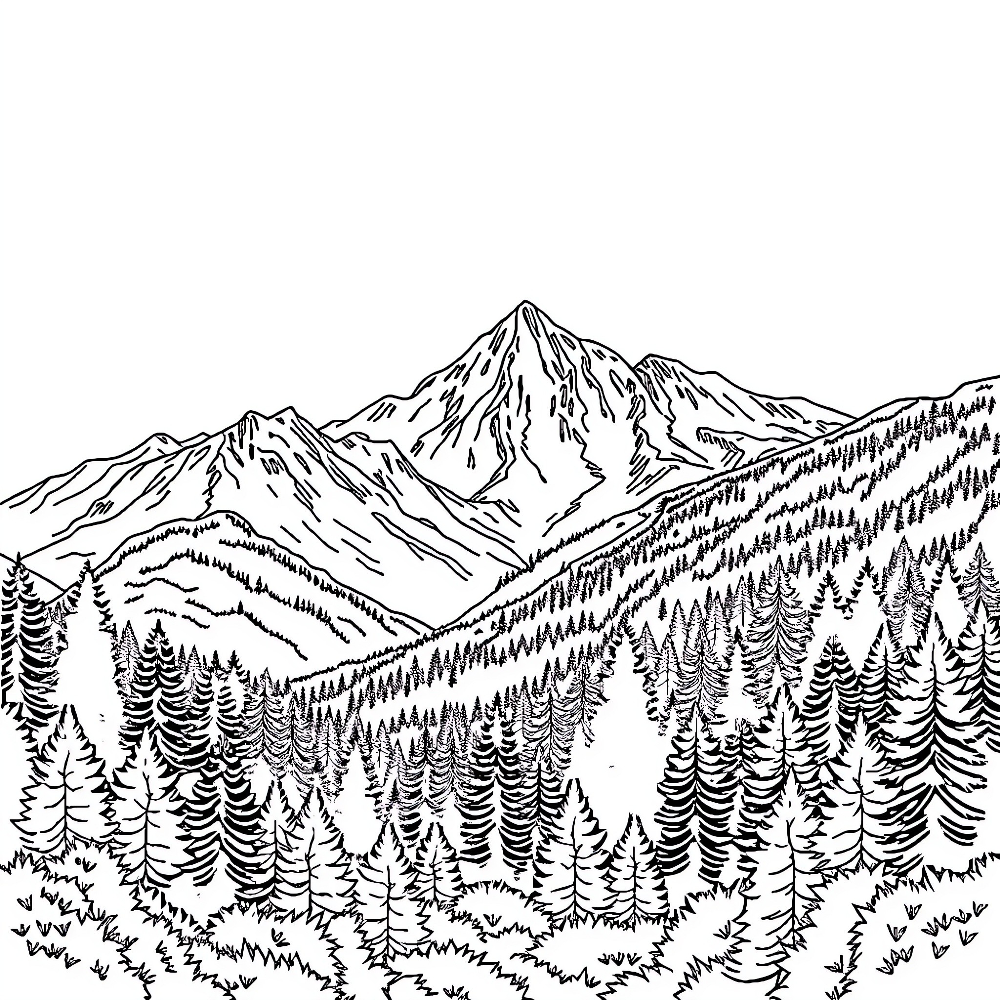 Jura Mountains Landscape with Snowy Peaks and Evergreen Forest Coloring Page (free black-and-white line drawing printable PDF for all, from beginners to advanced learners, including children, teens, adults, and seniors)