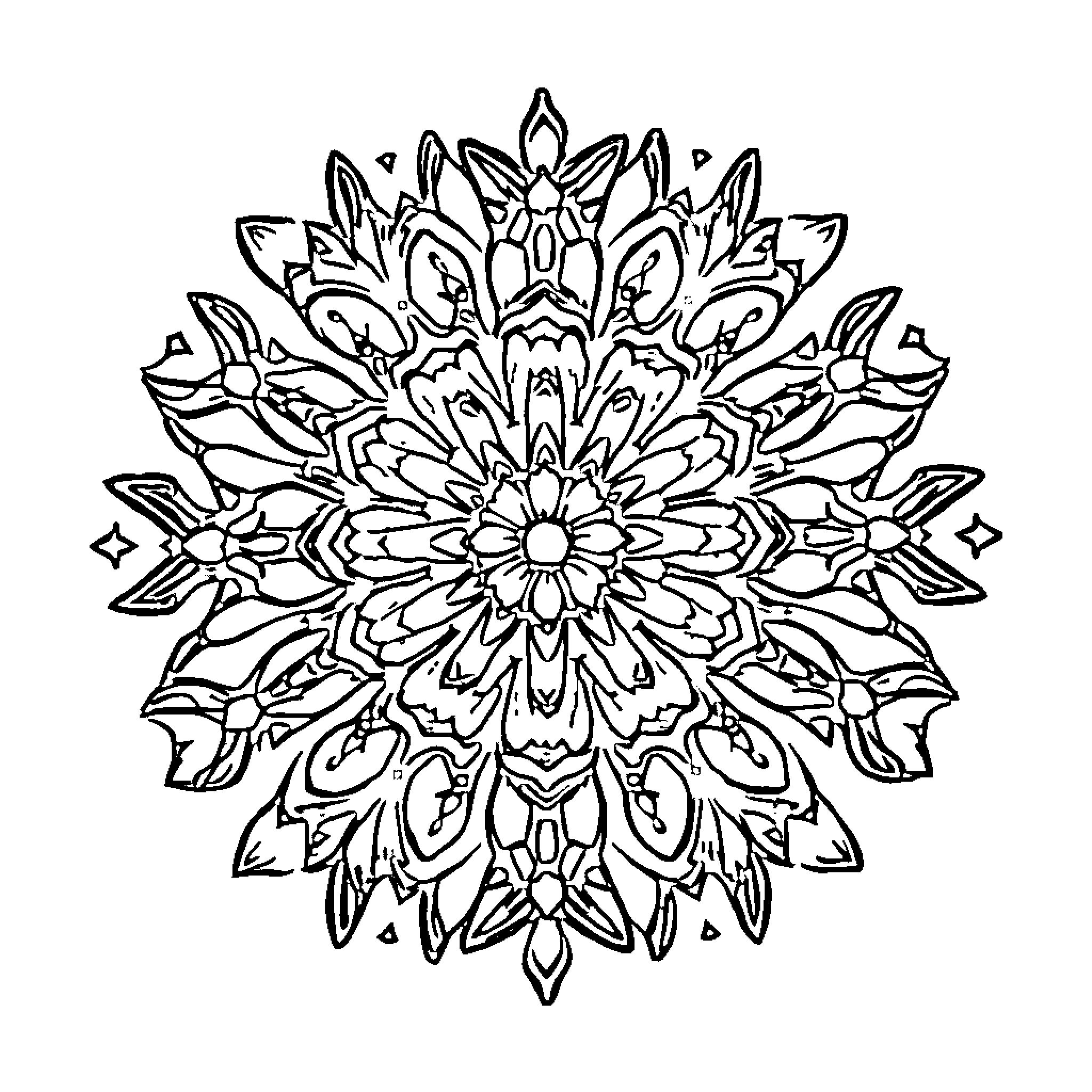 Mandala of intricate floral patterns Coloring Page (free black-and-white line drawing printable PDF for all, from beginners to advanced learners, including children, teens, adults, and seniors)