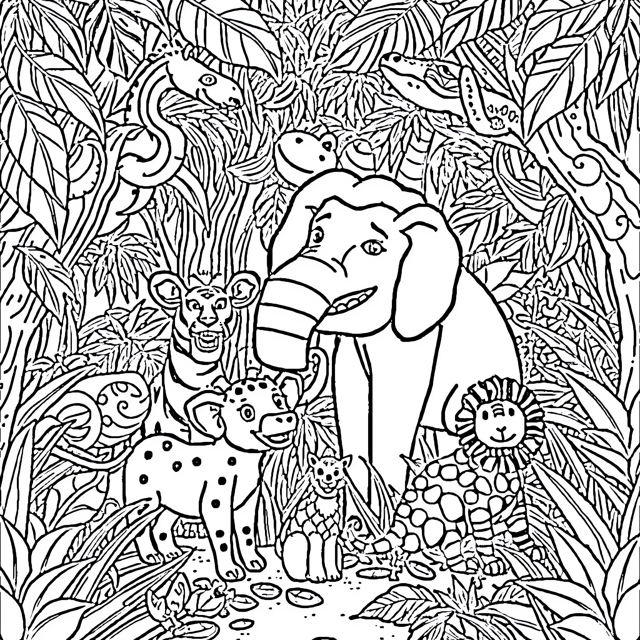 Animal friends in a dense jungle Coloring Page (free black-and-white line drawing printable PDF for all, from beginners to advanced learners, including children, teens, adults, and seniors)