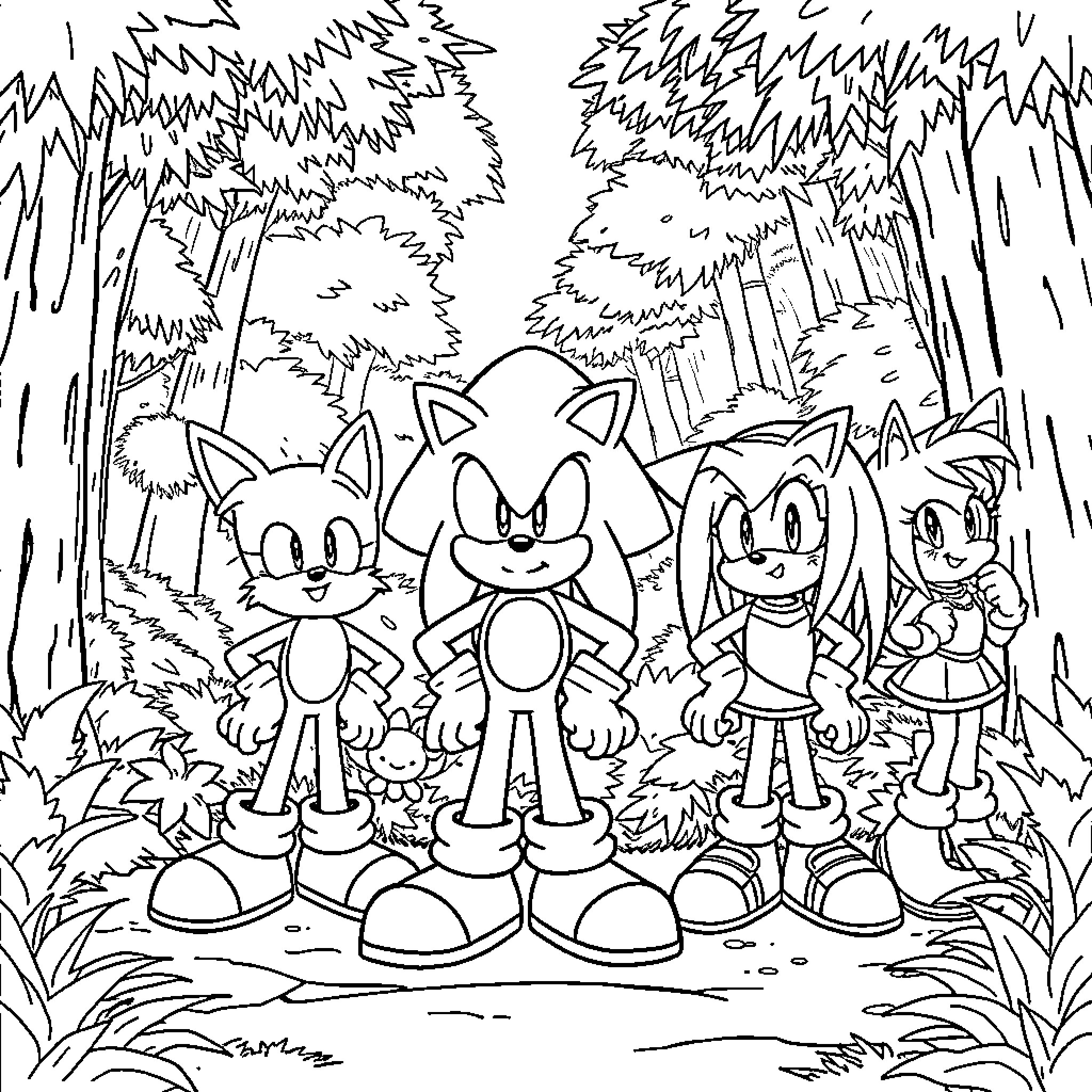 Sonic characters exploring the forest together Coloring Page (free black-and-white line drawing printable PDF for all, from beginners to advanced learners, including children, teens, adults, and seniors)