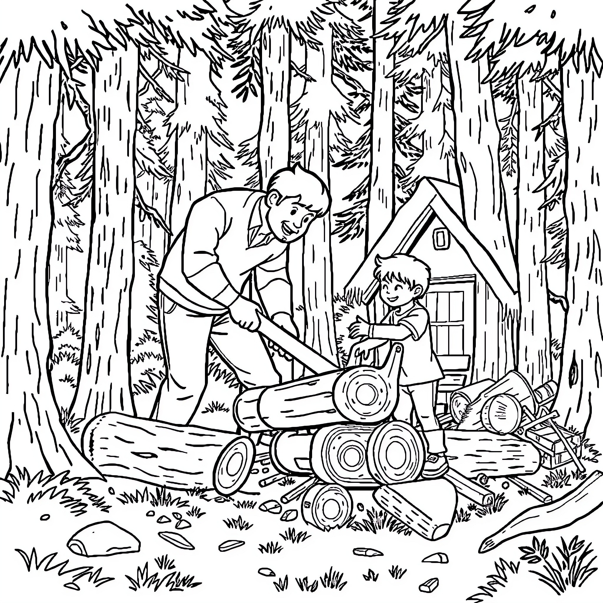 Dad and child working on outdoor project in forest Coloring Page (free black-and-white line drawing printable PDF for all, from beginners to advanced learners, including children, teens, adults, and seniors)