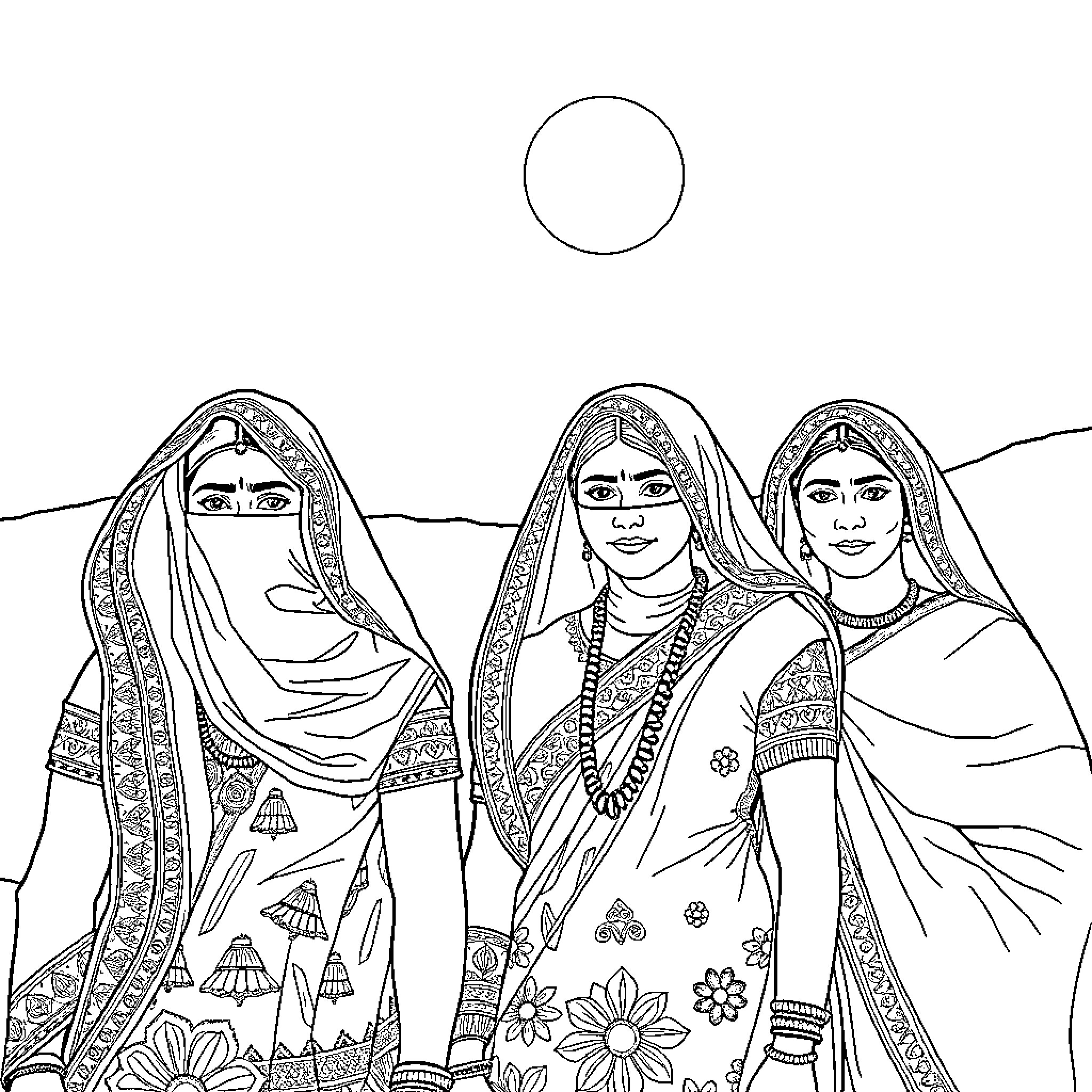 Women in traditional dress in scenic landscape Coloring Page (free black-and-white line drawing printable PDF for all, from beginners to advanced learners, including children, teens, adults, and seniors)