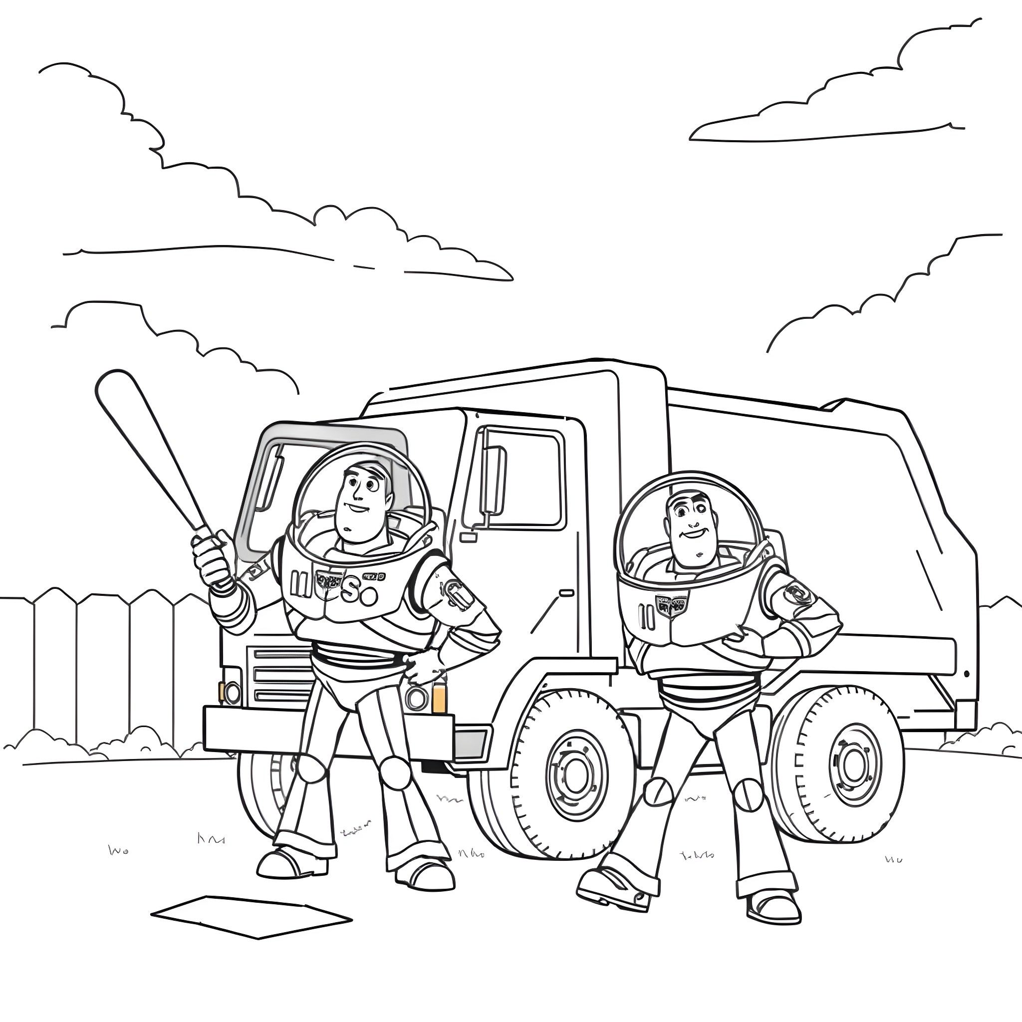 Trash Truck Crew at Work Coloring Page (free black-and-white line drawing printable PDF for all, from beginners to advanced learners, including children, teens, adults, and seniors)