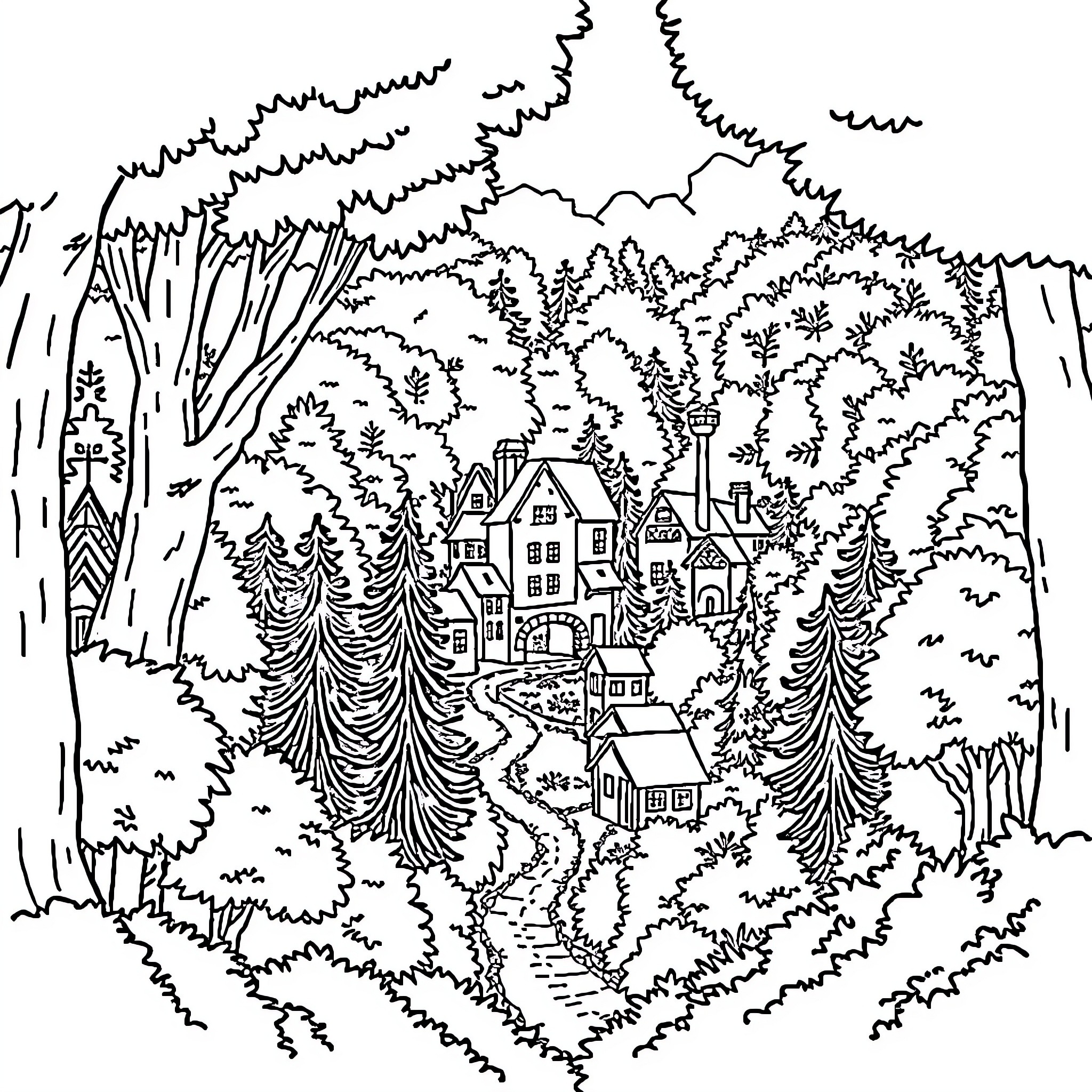 Village nestled in picturesque forest landscape Coloring Page (free black-and-white line drawing printable PDF for all, from beginners to advanced learners, including children, teens, adults, and seniors)