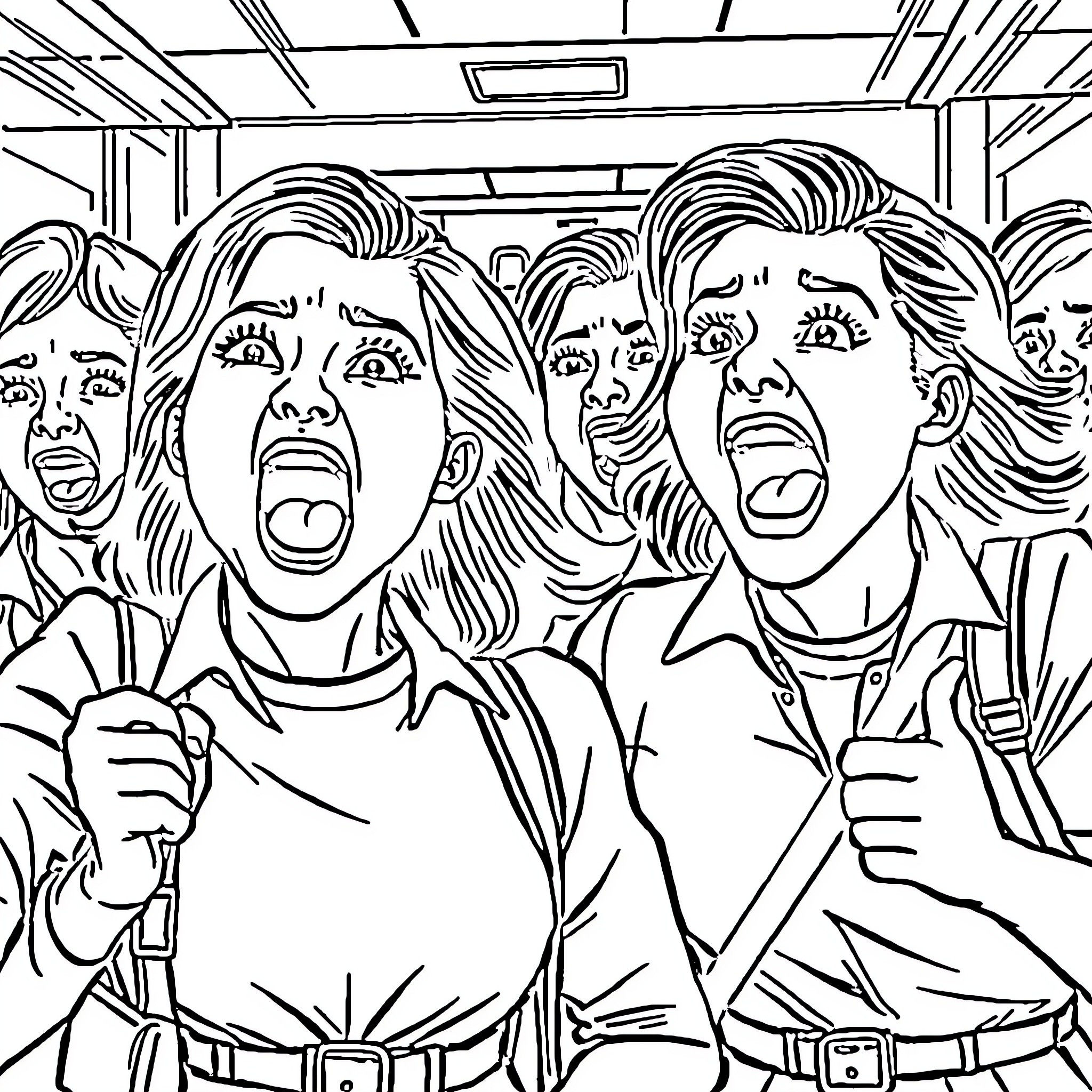 Woman Expressing Surprise and Excitement in Crowded Setting Coloring Page (free black-and-white line drawing printable PDF for all, from beginners to advanced learners, including children, teens, adults, and seniors)